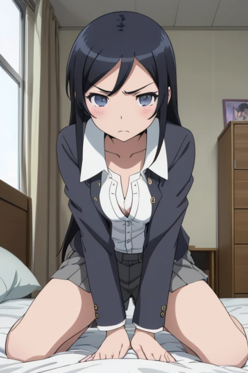 Best Quality, Ayase Aragaki, Black Hair,  in bed,  open crotch , riding on a man,  small breasts, Angry face,  opens her mouth, Student Uniform,  white shirt 