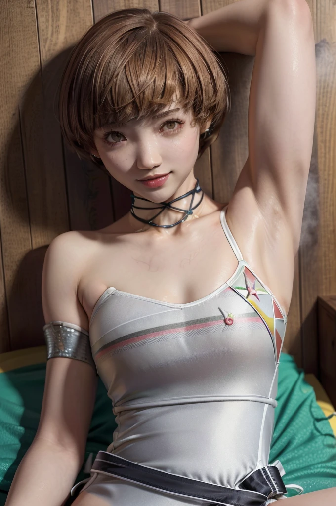 (masterpiece,beautiful,最  high quality,Super detailed,Exquisite,  very detailed,  high quality,  very detailed,hughres,4K,8k:1.5)，NSFW，(persona4:1.5)，( Satonaka Chie:1.5)，(smile:1.5)，(Brown Hair:1.5)，(bedroom:1.5)，((Steam，Steaming:1.3))，(((脇の皺， shows armpits，Armpit:1.3)))，(All-black, unpatterned competitive swimsuit:1.5), 