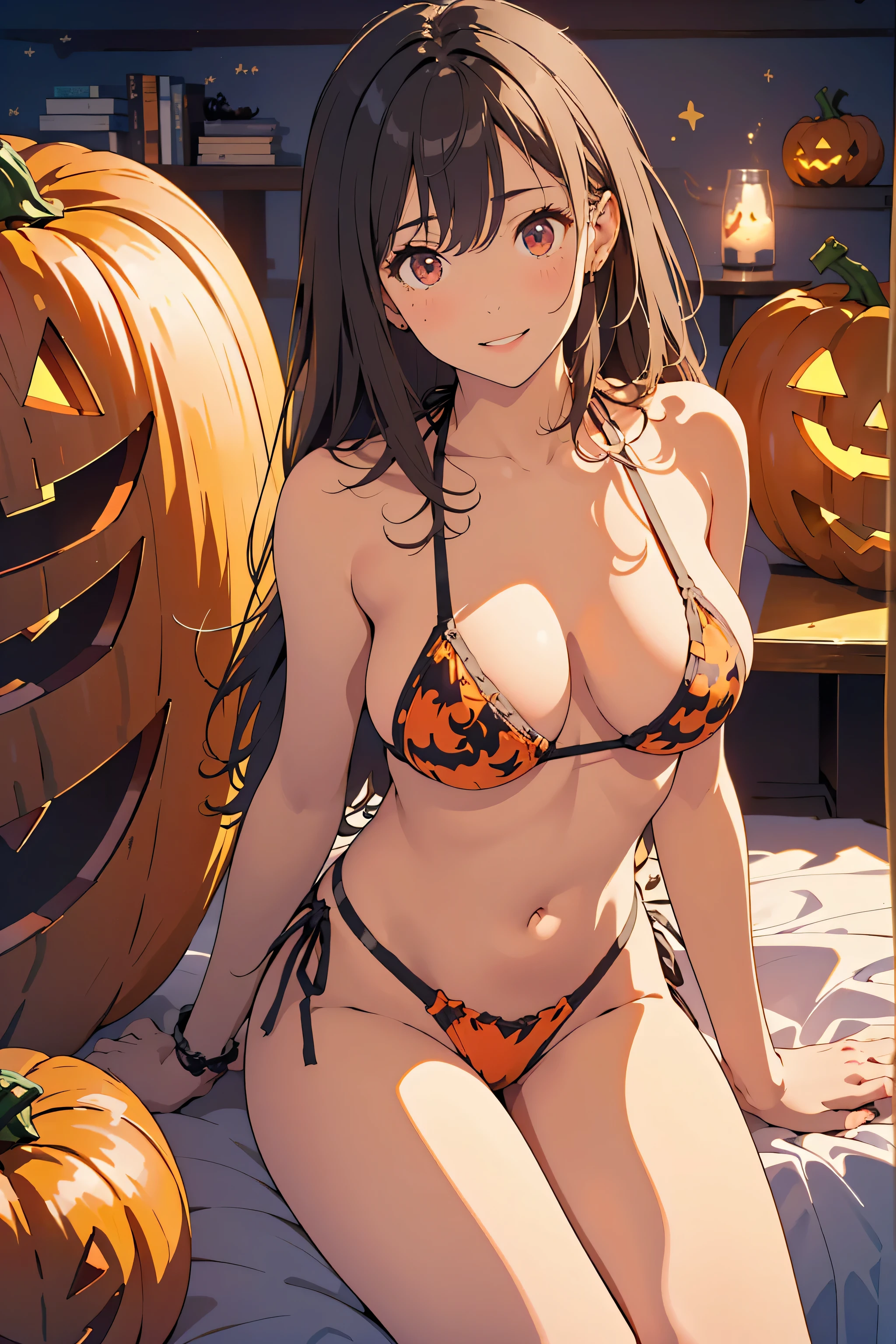 A very cute and beautiful adult woman , 23 years old, OL, (( Halloween のコスチューム:1.3)), pumpkin costume , ((Super Tiny Bikini Bra :1.5, Thin fabric)), (( obscene costume )), Seduce;1.5, Droopy eyes, RED eyes, Beautiful legs, Gravure model body type , Medium, (natural large breasts:1.5, Round and shapely breasts), (very detailed beautiful face), (smile),Black Hair, semi-long, (Big attractive ass), (Rear view), show panties、( bending forward:1.5), ( focus on the upper body ), (Best Quality,masterpiece:1.0), fullbody shot, Kampala ,Super detailed, Accurate limbs, very detailed ,32K,8k resolution, complicated details,Movie Scene, ((Dynamic photo )), Detailed Background, Realistic Background, Photorealistic Background, alone,Dynamic Angle,((on the bed:1.5, Sitting with legs wide apart)), midnight, Neon city lights, Bedroom at home, A room for a woman living alone, Halloween ,