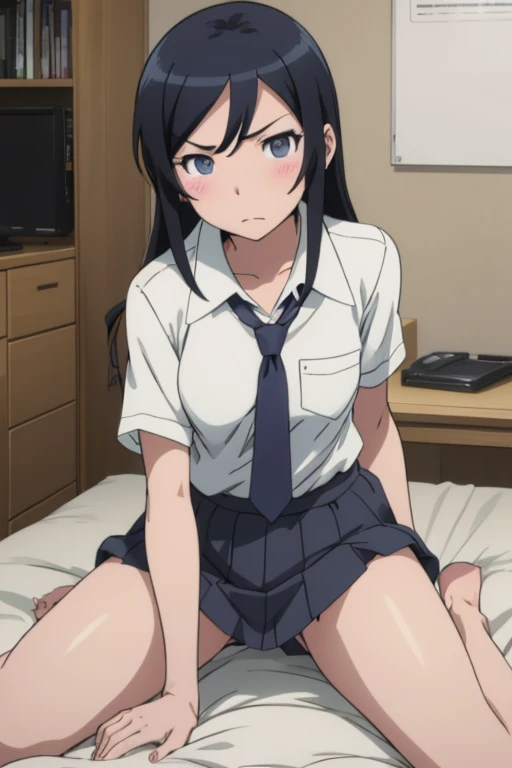 Best Quality, Ayase Aragaki, Black Hair,  in bed,  open crotch , riding on a man,  small breasts, Angry face,  opens her mouth, Student Uniform,  white shirt 