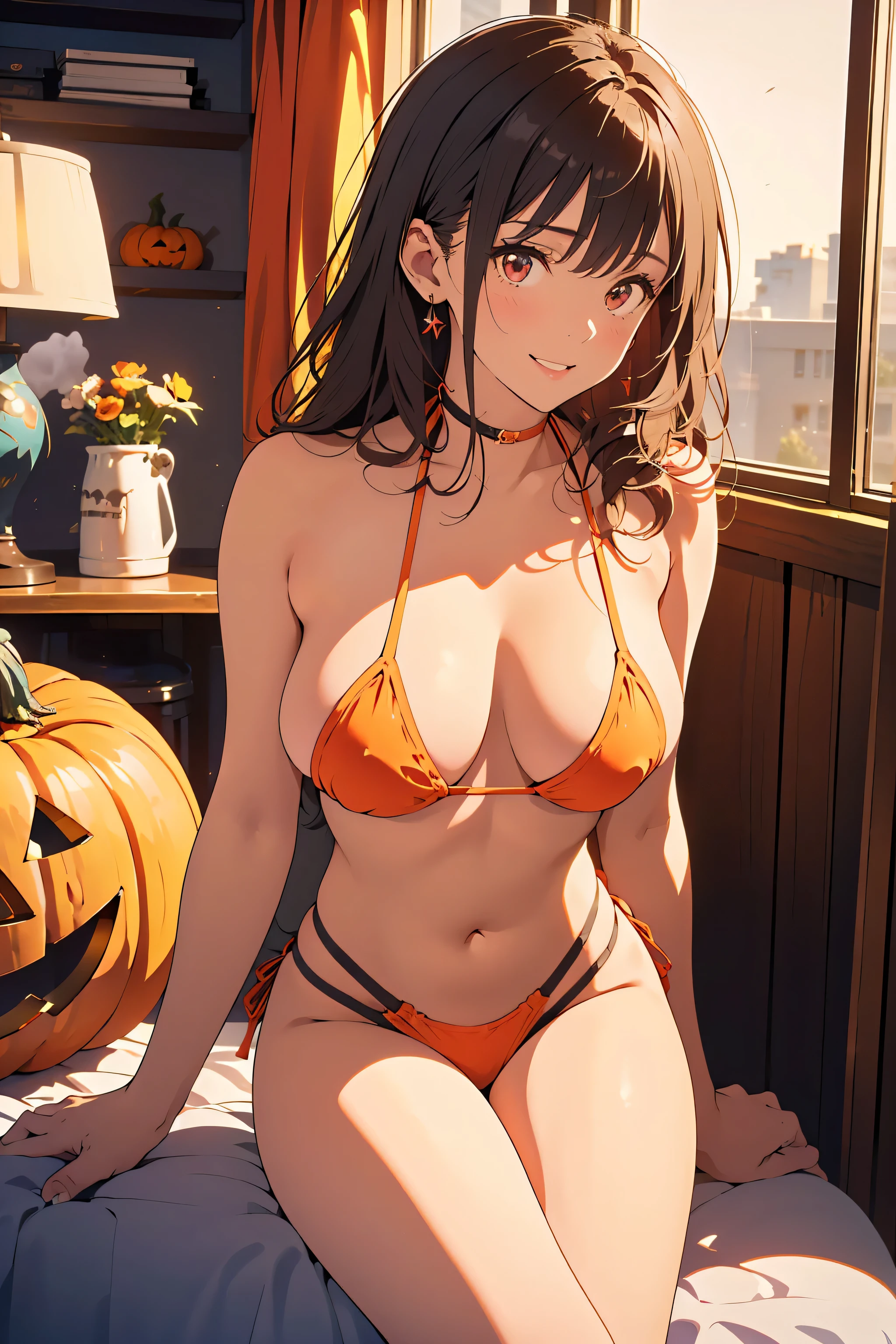  A very cute and beautiful adult woman , 23 years old, OL, (( Halloween のコスチューム:1.3)),  pumpkin costume , ((Super Tiny Bikini Bra :1.5, Thin fabric)),  (( obscene costume )), Seduce;1.5, Droopy eyes, RED eyes, Beautiful legs, Gravure model body type , Medium, (natural large breasts:1.5, Round and shapely breasts), (very detailed beautiful face), (smile),Black Hair,  semi-long, (Big attractive ass), (Rear view), show panties、( bending forward:1.5), ( focus on the upper body ), (Best Quality,masterpiece:1.0), fullbody shot, Kampala  ,Super detailed, Accurate limbs, very detailed ,32K,8k resolution,  complicated details,Movie Scene, ((Dynamic photo )), Detailed Background, Realistic Background, Photorealistic Background, alone,Dynamic Angle,((on the bed:1.5, Sitting with legs wide apart)), midnight, Neon city lights, Bedroom at home, A room for a woman living alone,  Halloween ,