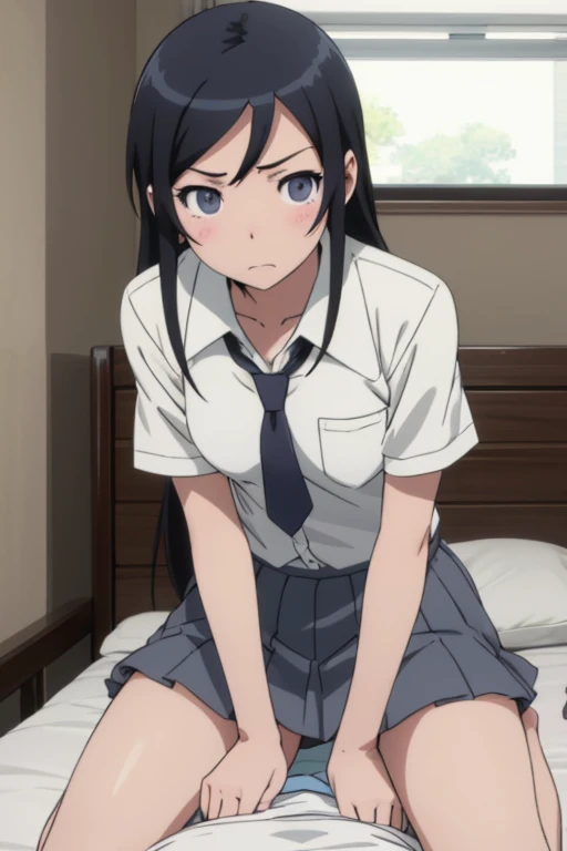 Best Quality, Ayase Aragaki, Black Hair,  in bed,  open crotch , riding on a man,  small breasts, Angry face,  opens her mouth, Student Uniform,  white shirt , skirt