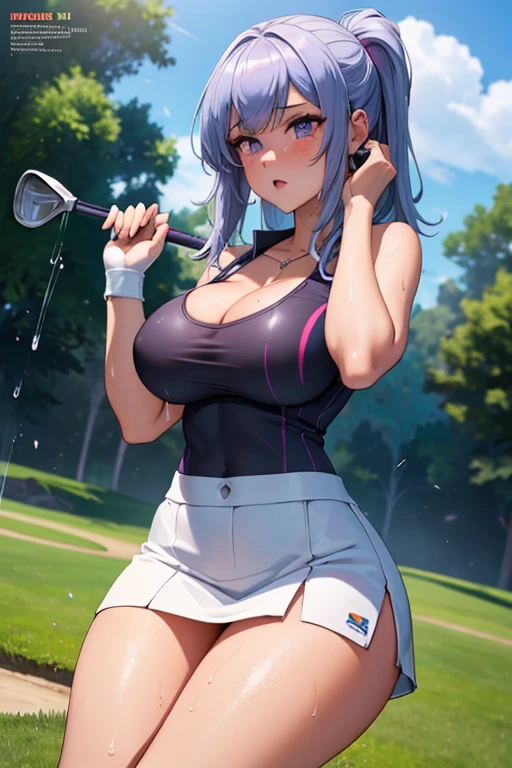 (Sports magazine cover photo), Highest quality, Great quality, 16K, Unbelievably absurd, Very detailed, delicate and dynamic, Natural light, The particles reflect light, Diffuse reflection of light, Many rainbow-colored petals fall, Beautiful field, Sparkling Sun, Diffuse reflection of light, Create amazing image effects, , Wet, sweating, golf, swinging golf driver, Close-up(Cute sexy girl, big bouncing busts, Sensual expression, Cool girl, Serious, passion, Dynamic, Flashy golf wear, ,audience , much-air-laden cheer), BREAK, girl, blue long hair, white miniskirt, black shoker, cleavage, purple eyes, medium breast, muslos, wide hips, wet breast, wet body, wet face, wet thighs, wet on the legs.