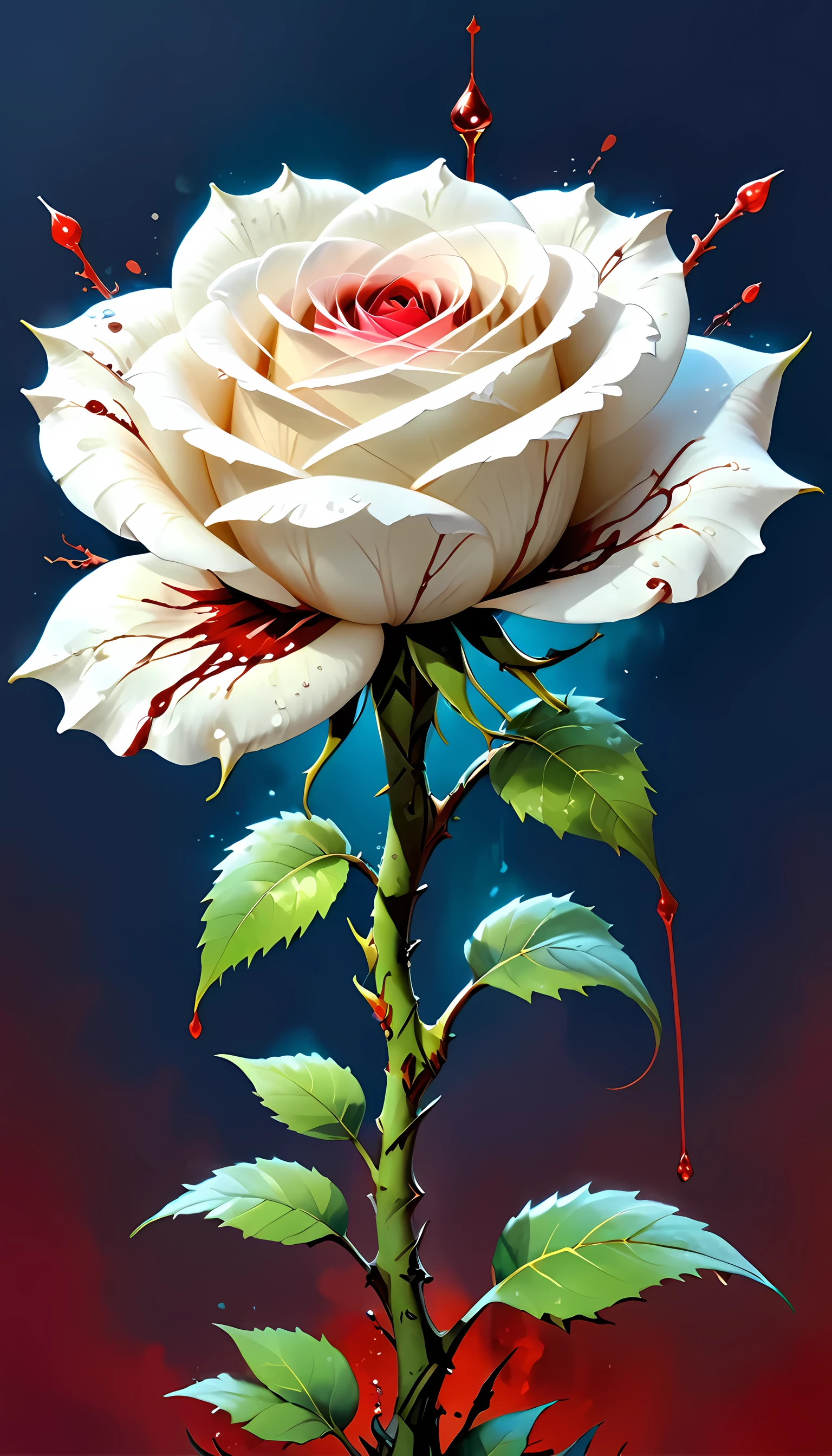 score_9, score_8_up, score_7, arafed high details, best quality, 16k, (ultra detailed: 1.5), masterpiece, best quality, (extremely detailed), RAW, dnd art, fantasy art, an close up picture of a white rose, there is a ((drop of blood on its thorn)) dynamic fantasy background, Blood_Covered