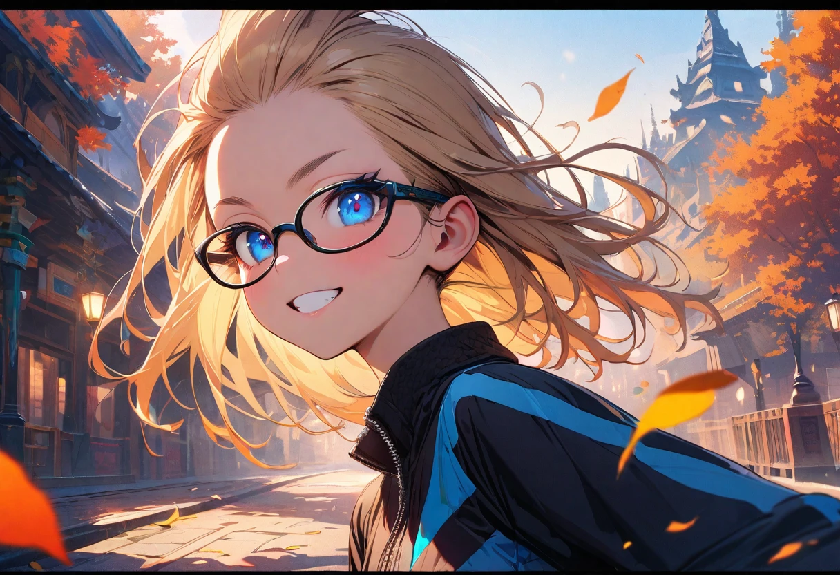 Speedy Shot,(Top quality masterpiece),detailed,ultra detailed,hyper detailed,insanely detailed,Exquisite,Beautiful Full HD,16k,cute,Fantasy,A vibrant academic community,Soft line design,Soft　Surface,Simple line drawing,The best light,Fast Shutter Speed,  depth of border described,Highly saturated colors,Vibrant colors,Vibrant colors,BREAK,
10yo,skinny,flat chested,(forehead,hair slicked back:1.3),Beautiful blonde hair,(blue eyes),(black nodoka glasses),thick bluish eyeshadow, thin eyebrows, thick black eyeliner, Highlighted eyes with eyeliner, false eyelashes,BREAK, 
Grin, zippered sportswear, Open Hands  , Falling leaves fluttering,   upper body、  Autumn Leaves Park Background