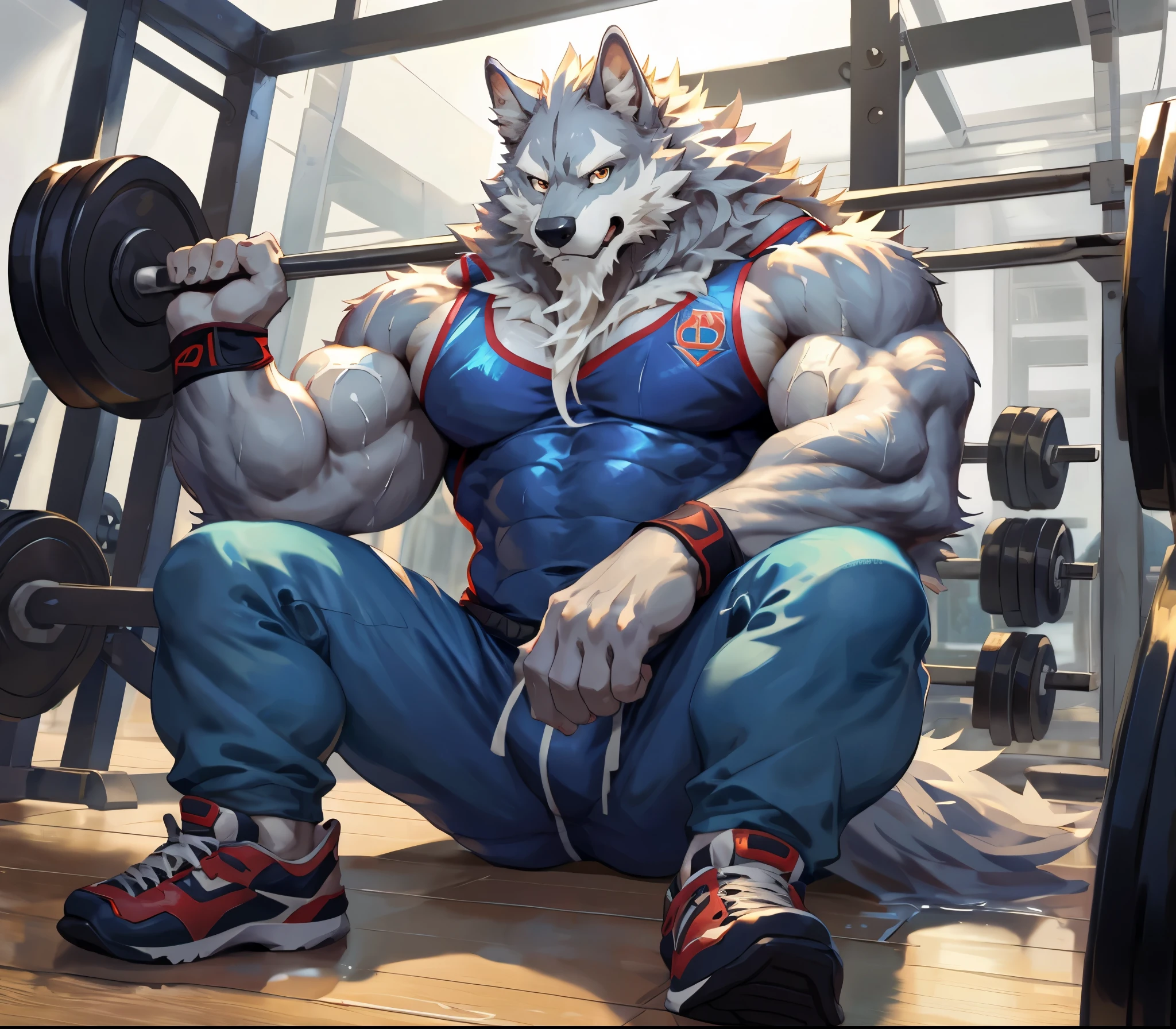  masterpiece , high quality , Japanese cartoon , meticulous eyes ,Hairy gray wolf male, law, Great body,Strong arms,  Gym, exercise, Paralyzed on the ground, Wet,  Gym suit, author：null-ghost,Pino Daeni，Physically healthy ， person sitting underneath，Throw away the dumbbells 