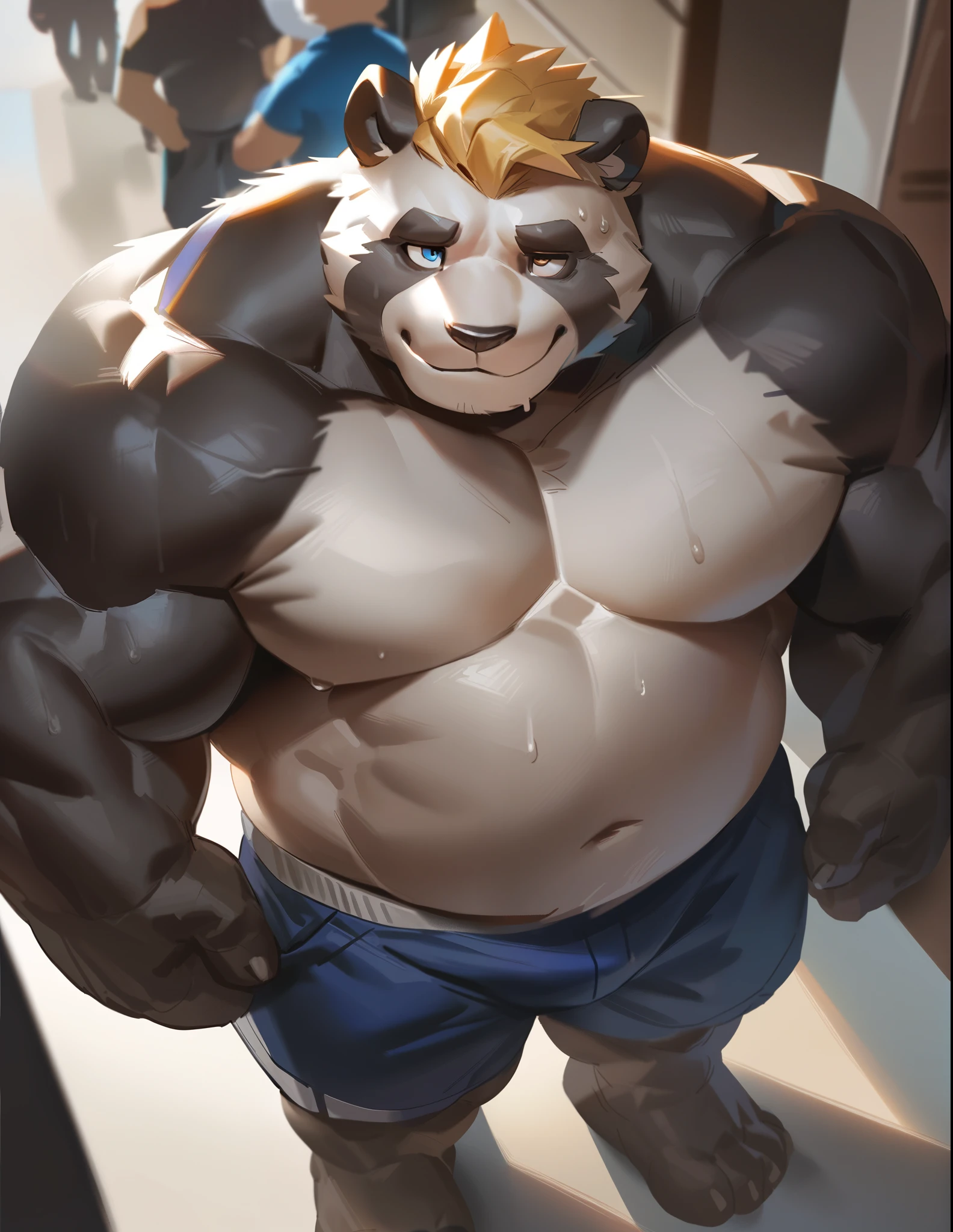 lindong, solo, 1boy, Muscular furry (panda:1.3), wide shoulder, thick arms, (chubby, belly), height view, wide pectoral, massive muscle, Queuing on mall, short hair:1.2, blonde hair, detailed eyes, shorts, focus eyes, sweat, shirtless, masterpiece, semirealistic:1.2, high detailed, 8k, high resolution