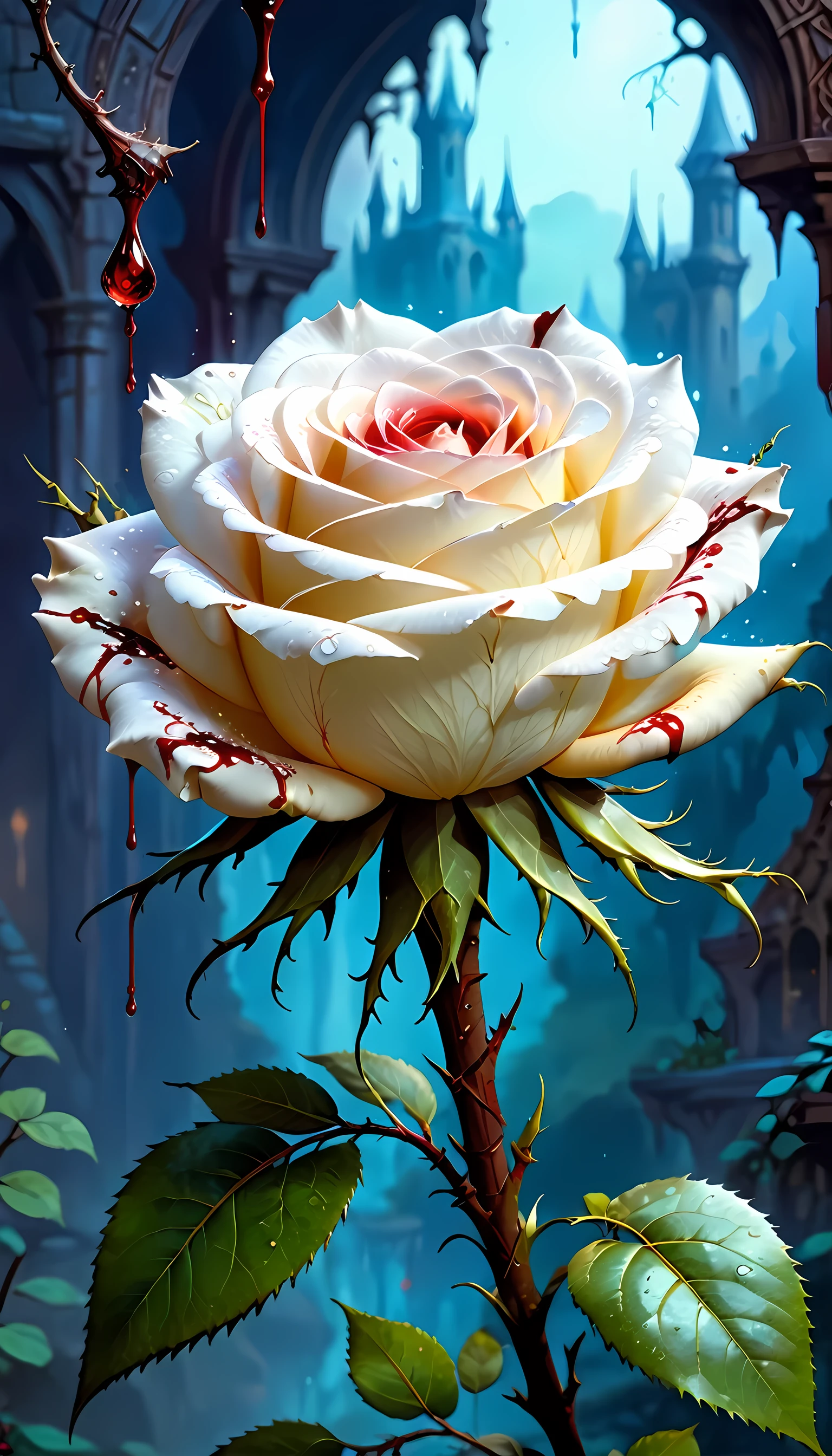 score_9, score_8_up, score_7, arafed high details, best quality, 16k, (ultra detailed: 1.5), masterpiece, best quality, (extremely detailed), RAW, dnd art, fantasy art, an close up picture of a white rose, there is a ((single drop of blood on its thorn)) dynamic fantasy background, Blood_Covered