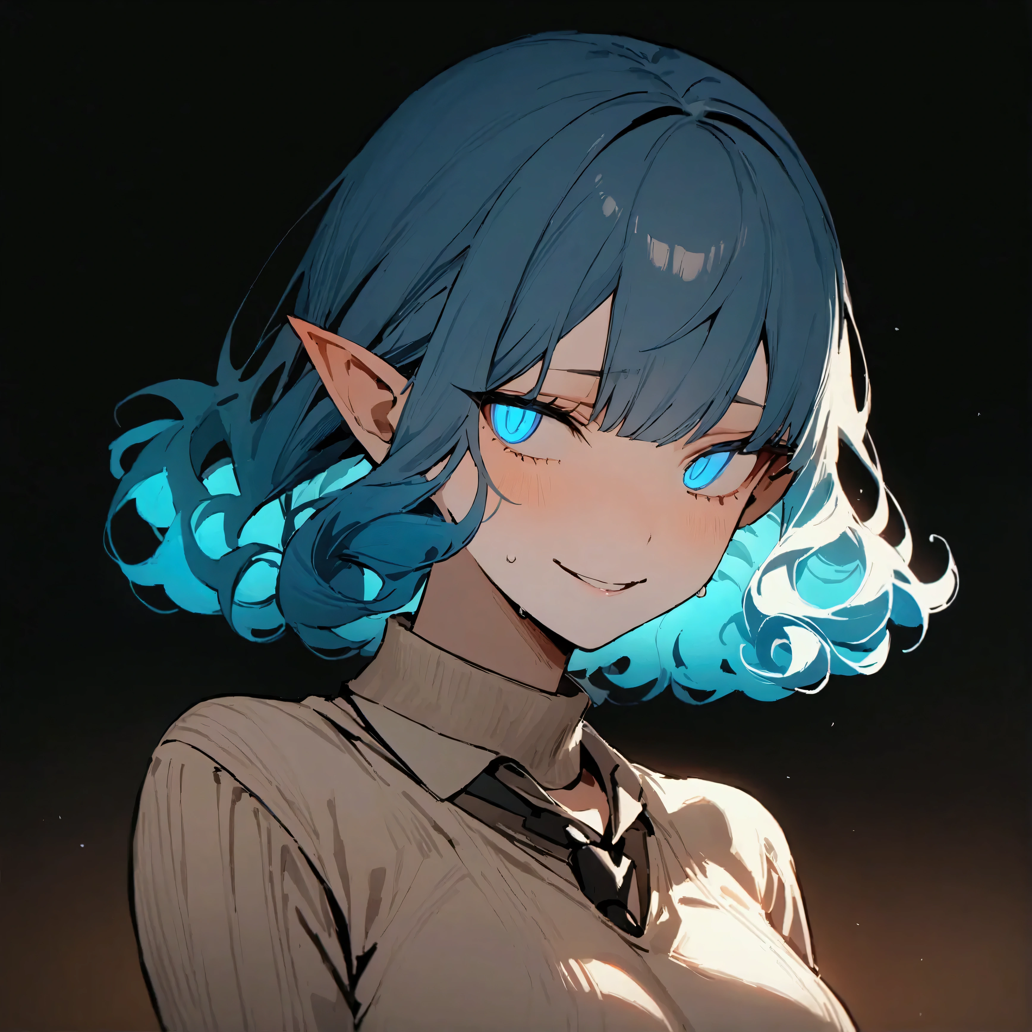 ( masterpiece :1.2,  Best quality), 1 woman, rostro ,  Long sweater ,black tie, casual,  medium breasts,  blue hair, curly, Minimalist makeup,pale,natural fabrics,  close up of the face,  wicked smile ,  eyes heteroctomy bright circular pupils,8k high resolution, detailed lines, (( rostro)), Dark background , tired with dark circles  ,  pointed ears 