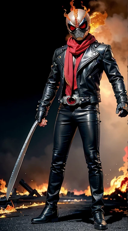 ((kamen rider, shinkr, ghostrider, wearing leather jacket, leather pants)), (((burning head))), showarider, (standing), full body detailed, detailed hands, good fingers, good hands, good legs, red scarf, low hood, ((epic burning city)), ruins, floating, explosion, debris, some fire and glitter background, ultra hd, ultra realistic texture, (flare lens:1.2), (long shot:0.9)