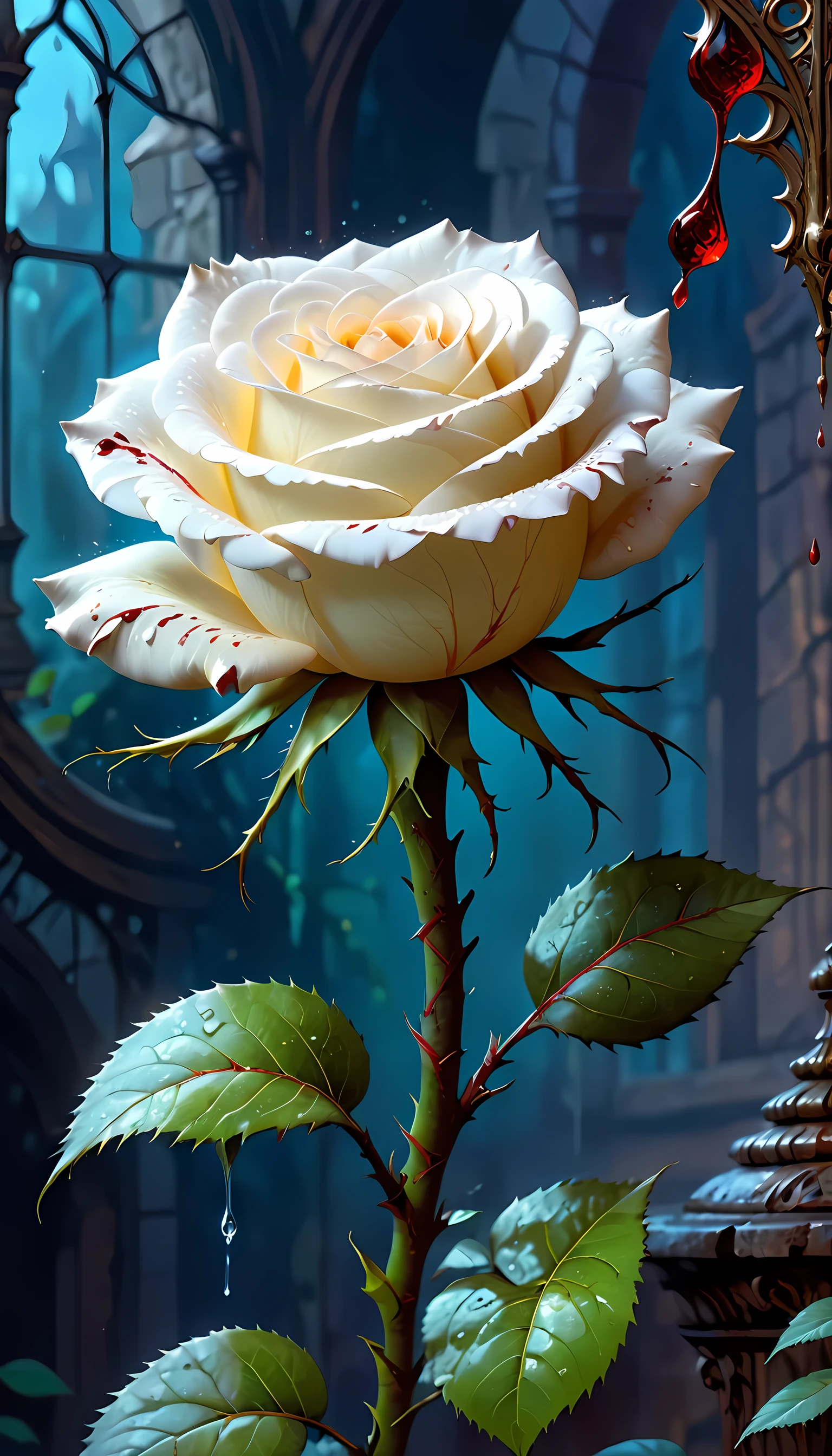 score_9, score_8_up, score_7, arafed high details, best quality, 16k, (ultra detailed: 1.5), masterpiece, best quality, (extremely detailed), RAW, dnd art, fantasy art, an close up picture of a white rose, there is a ((single drop of blood on its thorn)) dynamic fantasy background, Blood_Covered