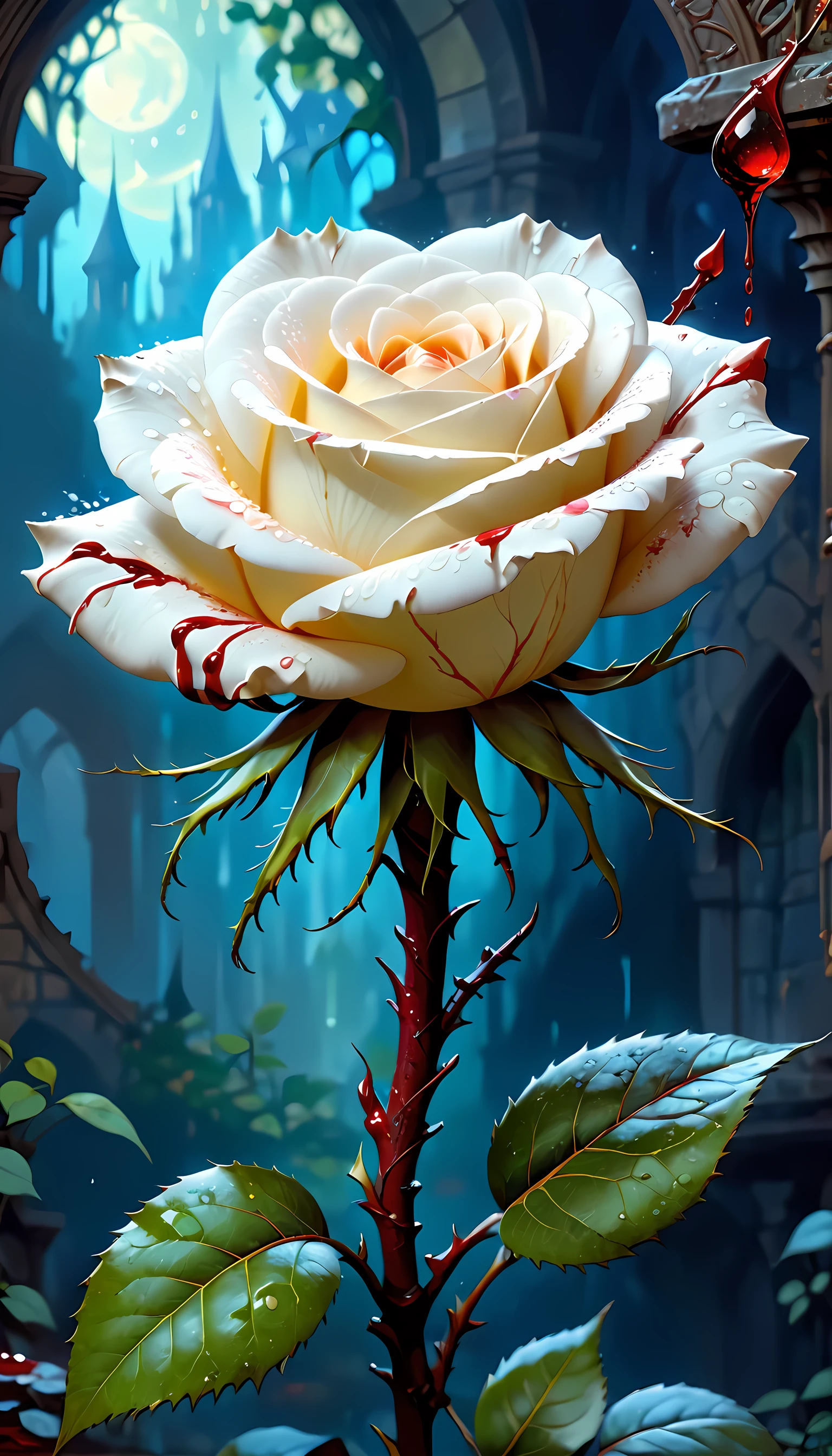 score_9, score_8_up, score_7, arafed high details, best quality, 16k, (ultra detailed: 1.5), masterpiece, best quality, (extremely detailed), RAW, dnd art, fantasy art, an close up picture of a white rose, there is a ((single drop of blood on its thorn)) dynamic fantasy background, Blood_Covered