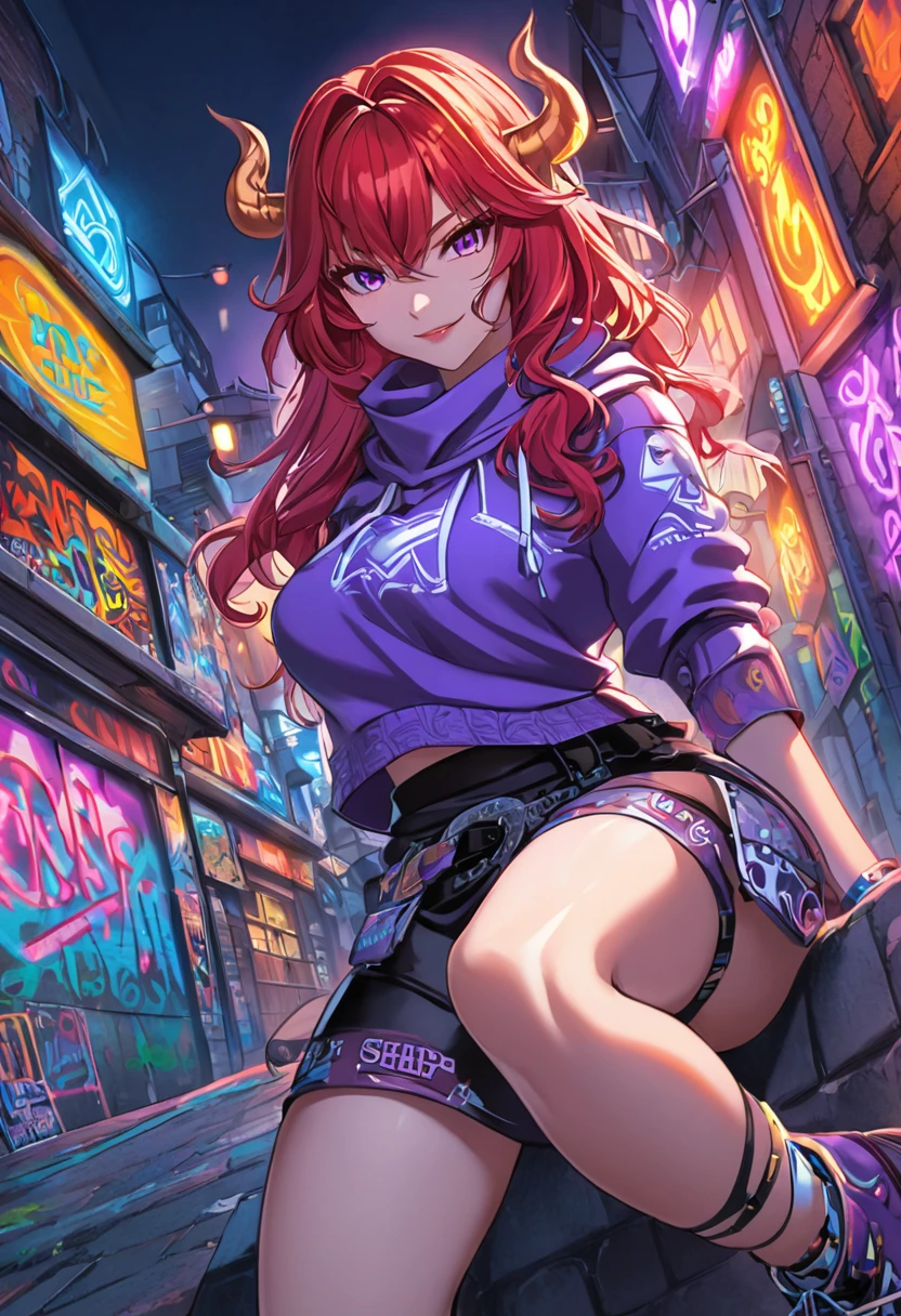 Create a hyper-realistic, graffiti-inspired hip-hop scene set at night. The background features a three-story house painted in light blue, with vibrant, modern graffiti across the walls that reads “Purple Fest.” The entire scene is bathed in violet lighting, casting a unique glow that highlights every detail. In the foreground stands a woman with skin as fair as the legendary Viking women of old tales, showing that culture transcends skin color. She has beautiful, natural curves and fiery red curly hair, dressed in edgy hip-hop clothing and accessories with purple accents. Around her neck hangs a large golden Pegasus pendant on a silver chain, which she holds, also attached to the collar of a strong black pitbull sitting commandingly by her side. Both exude confidence and presence, asserting themselves as the owners of the house. The vibe is urban, bold, and stylish, blending street culture with the violet lighting that intensifies the powerful atmosphere.