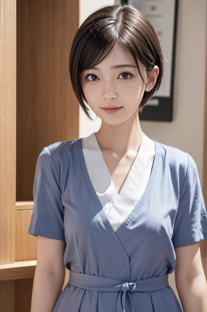  Japanese、8k、 ultra detail、 Photorealistic、Realistic and accurate depiction、Realistic and accurate human anatomy、 high definition、Best Quality、Perfect cuteness、((Best Quality, 8k, masterpiece: 1.3)), ,  Slim Beauty , Delicate hair, Detailed eyes, double eyelid, Cute smile, (cute), Soft Skin, Body Full Body,  super real , Room details, (cute Short-haired Female Doctor Coming for Detailed Rounds), ( Female doctorの制服の詳細), Looking up、Female doctor、nurse