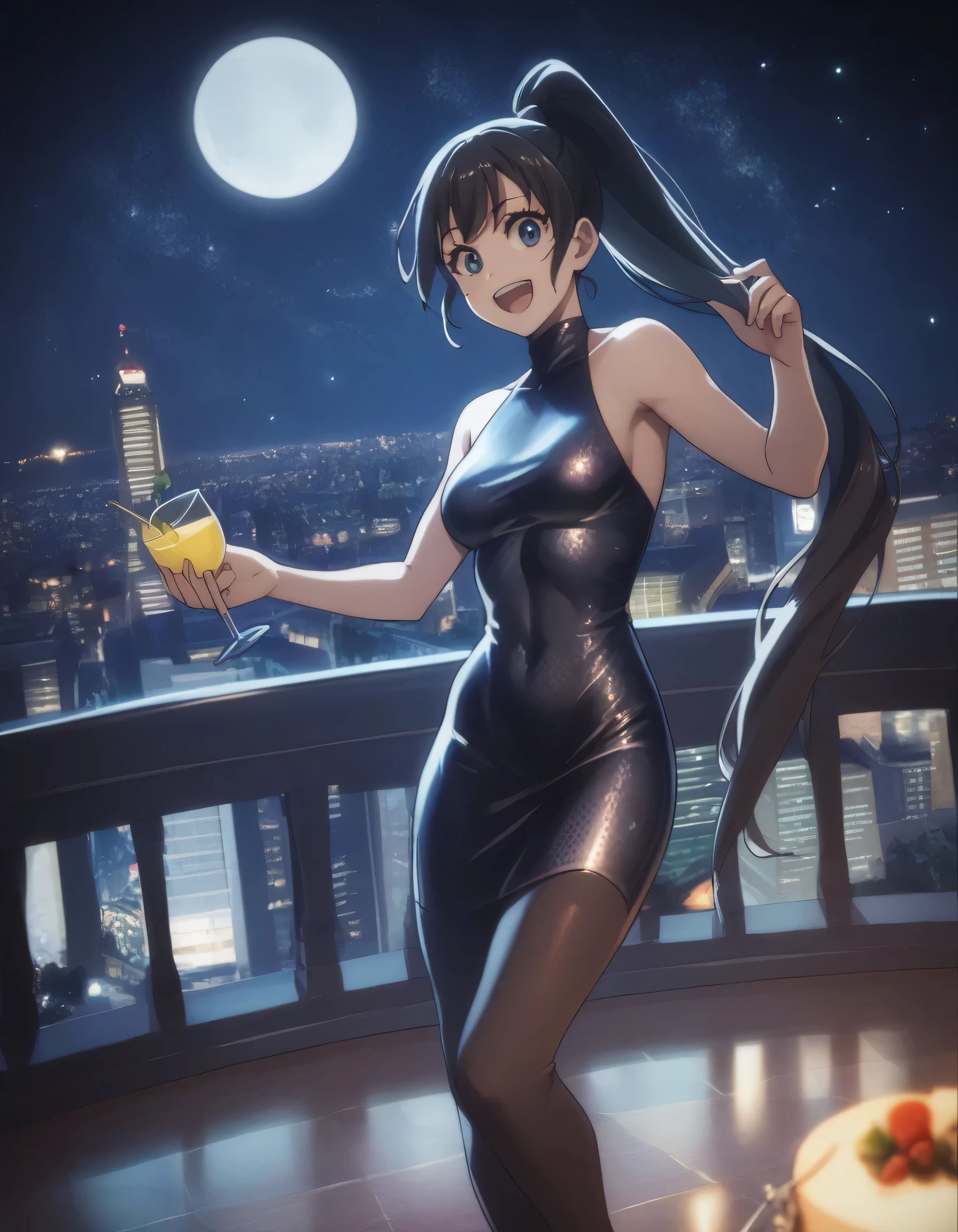 score_9, score_8_up, score_7_up, gsfghtr, long ponytail hair, black hair, bodycon dress, 1girl, sweet smile, open mouth, night, party, city view, moon, starry sky