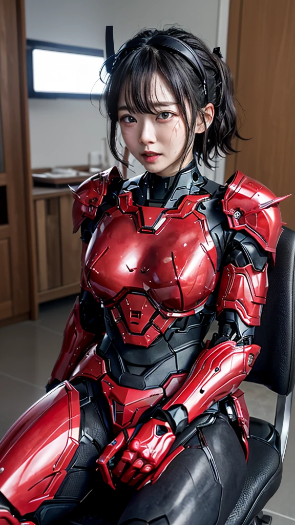 Rough skin,  very detailed,  More Information,  high quality, 最 high quality,  high definition, 1080P 、、Red Armor、Wearing red and black、cute((During break))(破損したwoman用ロボットスーツを着用...)(Red Armor)(Broken Armor) Black Hair 、、 Drenched 、 Drenched の顔　Put your head gear aside　Beautiful Face、Hot look　、よだれing from the mouth、woman　(Steam coming out of my face) ((Steam from the body))  Sitting on a Chair 　Filming location　I can see the vagina　 looks up　Remove headgear