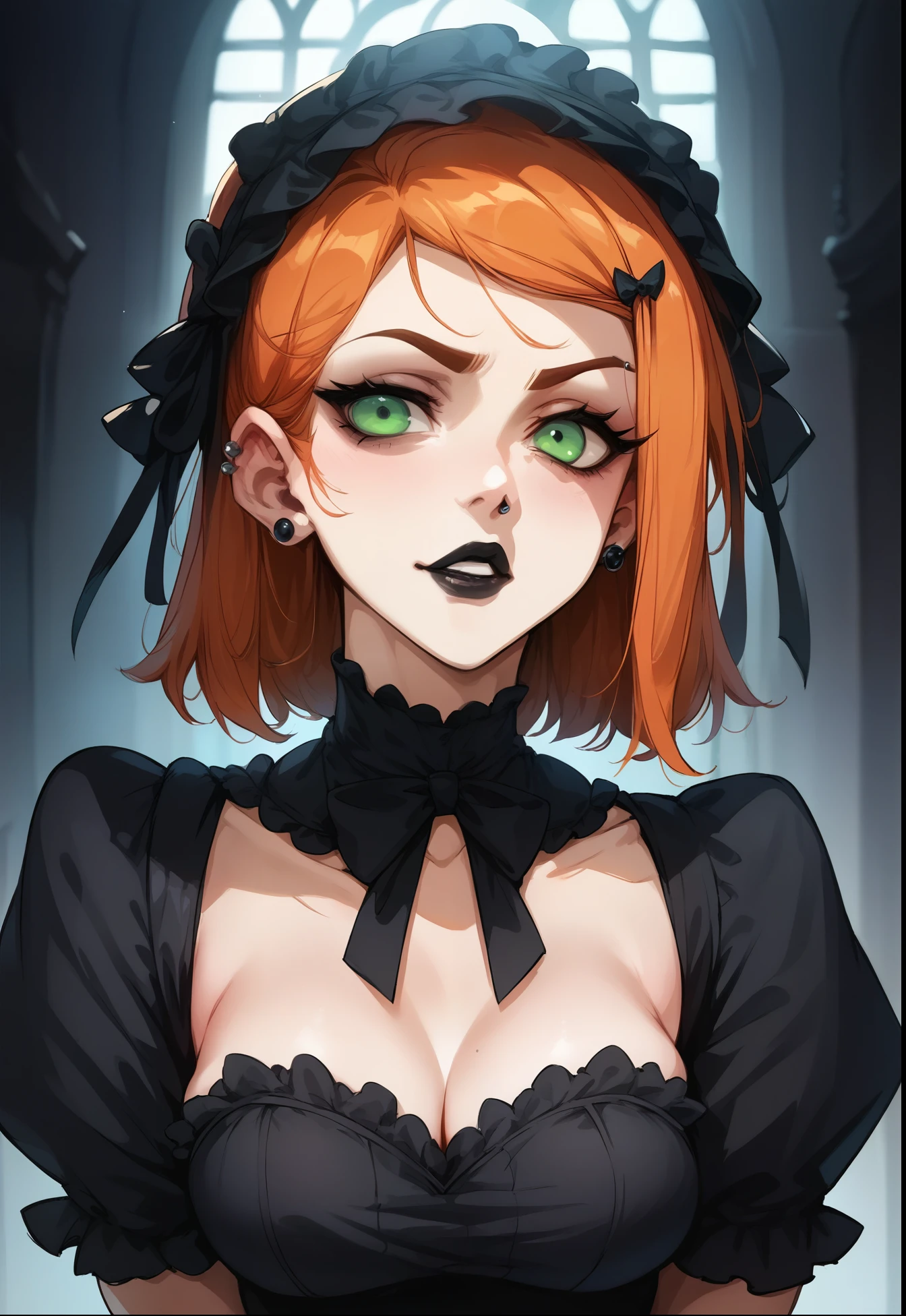 Gwen Tennyson, ben 10, gothic ta cosplay, ginger hair, piercings, black lipstick, stoic, spooky mansion,