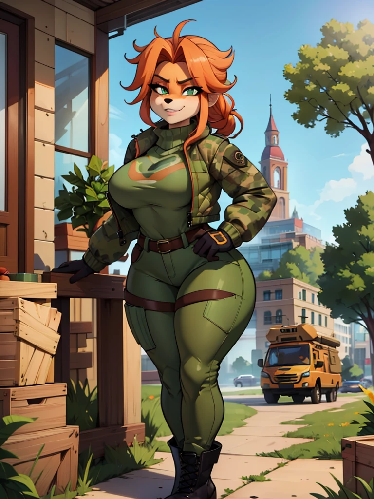  Furry, sancy anthro bandicoot girl redhead, braided hair, beautiful green eyes, sexy, seductive, camouflage jacket, tactical gloves, camouflage pants, army boots, smirking,, dirty wintter atmosphere, anthro bandicoot girl redhead, braided hair, beautiful green eyes, sexy, seductive, warm sweater,  tactical gloves, tactical camouflage pants, army boots,