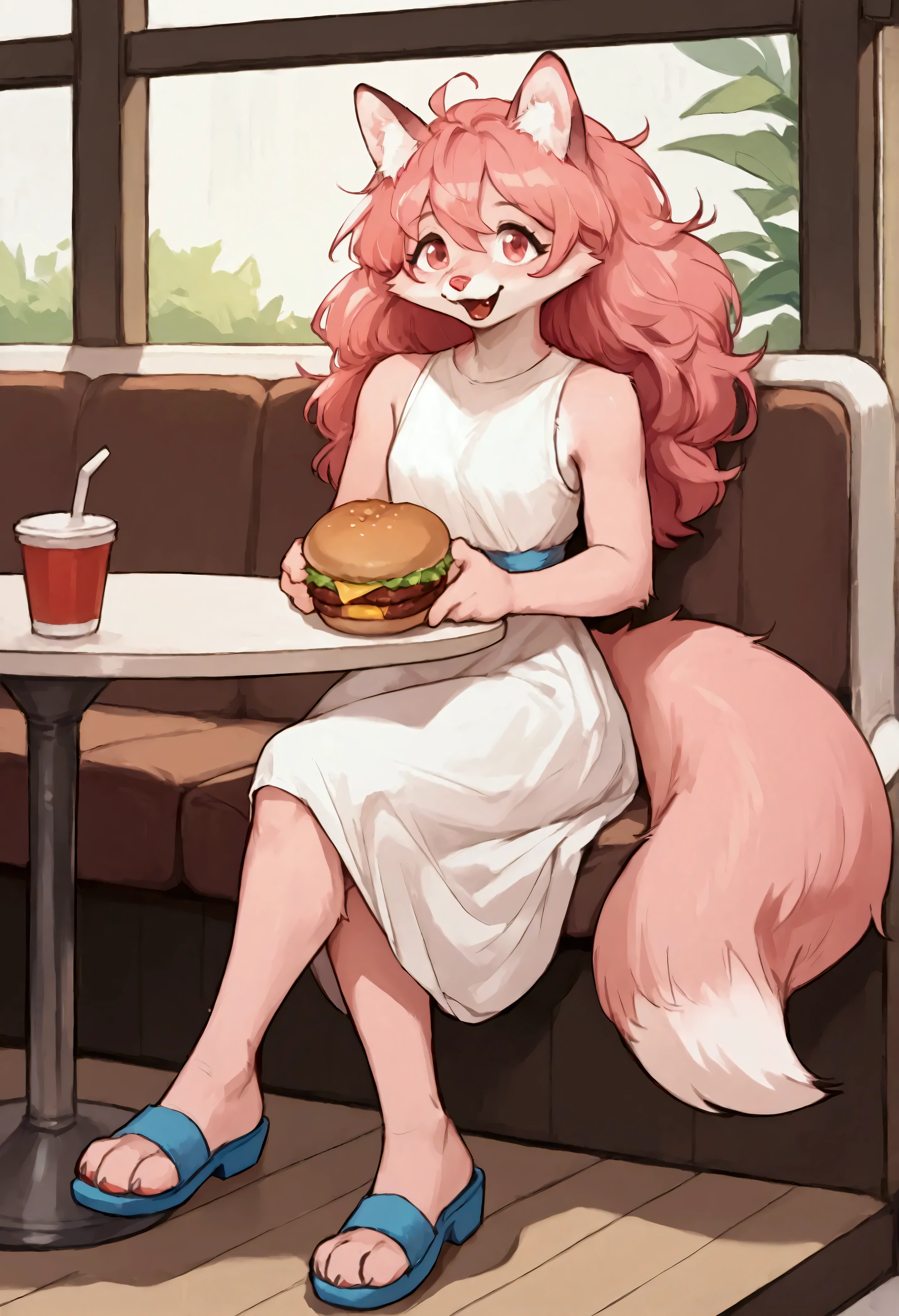 Solo, Score_9, score_8_up, solo, Anthro, furchan, pink furry body, pink hair, pink eyes, pink nose, animal ears, tail, tall and slender body, wearing white sleeveless dress, blue sandals, legs crossed, eatting a big burger, sitting in a restaurant table, front view, really happy, sparking eyes, wagging tail,