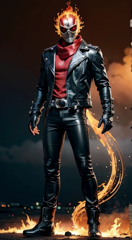 ((kamen rider, shinkr, ghostrider, wearing leather jacket, leather pants)), (((burning head))), showarider, (standing), full body detailed, detailed hands, good fingers, good hands, good legs, red scarf, low hood, ((epic burning city)), ruins, floating, explosion, debris, some fire and glitter background, ultra hd, ultra realistic texture, (flare lens:1.2), (long shot:0.9)