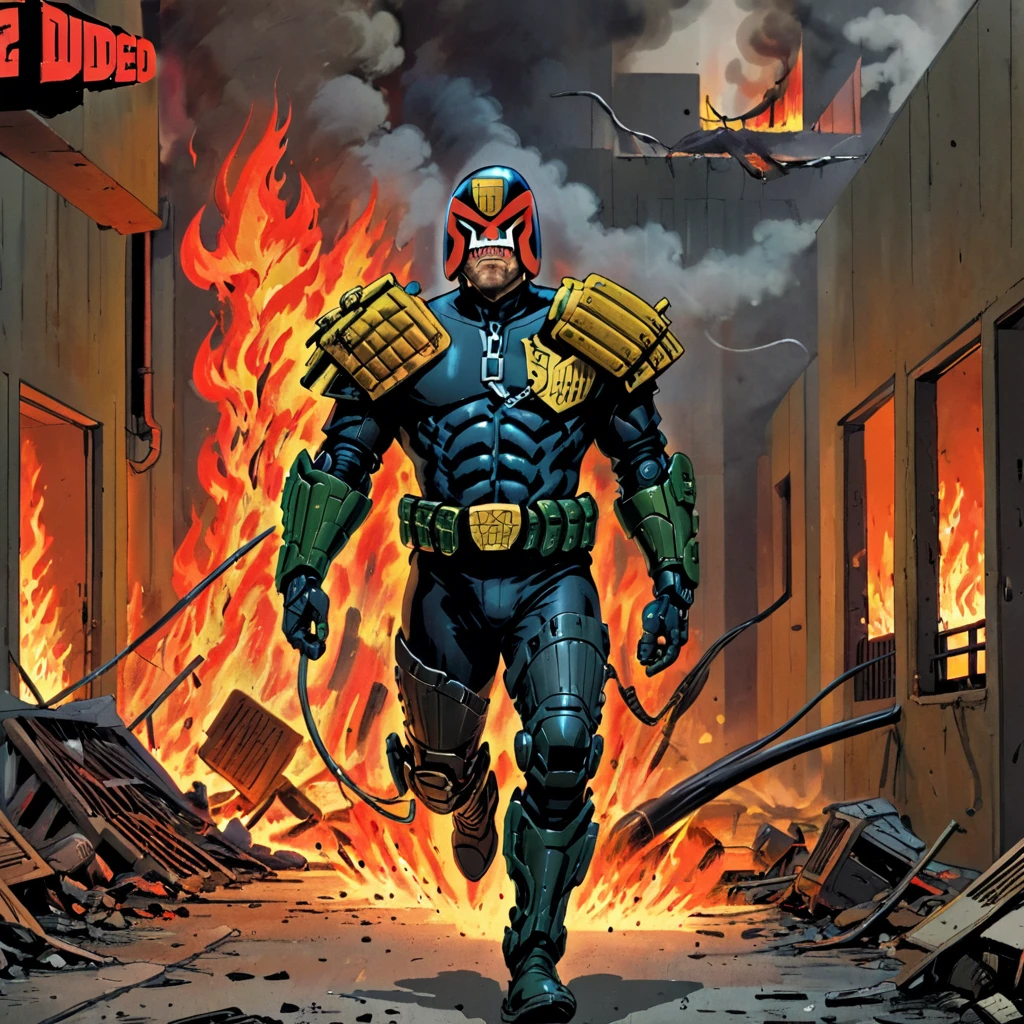 judge dredd running through a burning apartment complex in armor and uniform wearing a helmet, jdgdrddcom, cyberpunk, flames, fire, debris, smoke, sparks, embers, pipes, ducts, cables, filth, furniture, barricades,