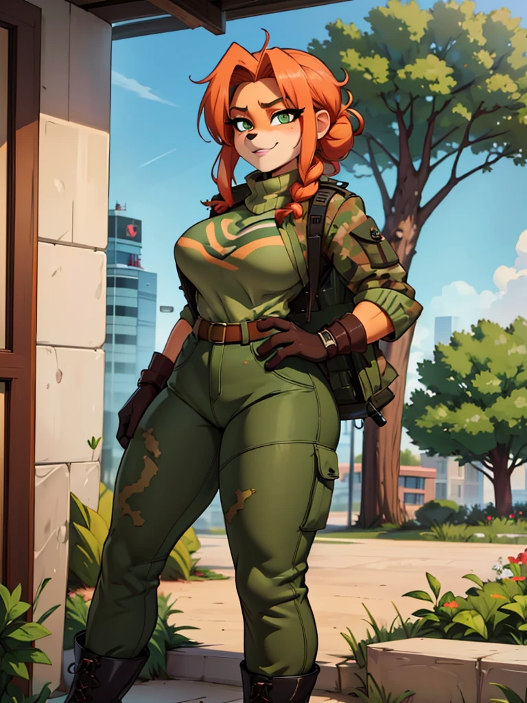  Furry, sancy anthro bandicoot girl redhead, braided hair, beautiful green eyes, sexy, seductive, camouflage jacket, tactical gloves, camouflage pants, army boots, smirking,, dirty winter atmosphere, anthro bandicoot girl redhead, braided hair, beautiful green eyes, sexy, seductive, warm sweater,  tactical gloves, tactical camouflage pants, army boots,