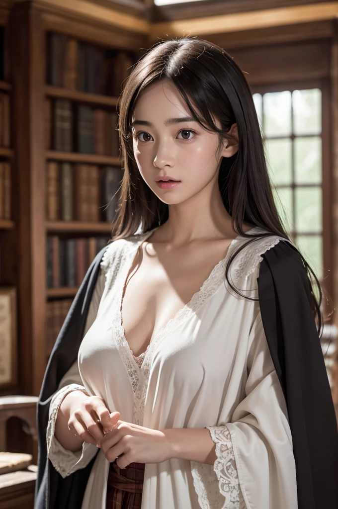 Harry Potter、Hogwarts students、Harry Potterの魔女、８k、 high definition、 ultra detail、 Photorealistic、Realistic and accurate depiction、Realistic and accurate human anatomy、 high definition、(Best Quality, masterpiece),  intricate details , Beautifully detailed face,cute、Perfect beautiful girl、whole body、Beautiful breasts、Robe、 wizard