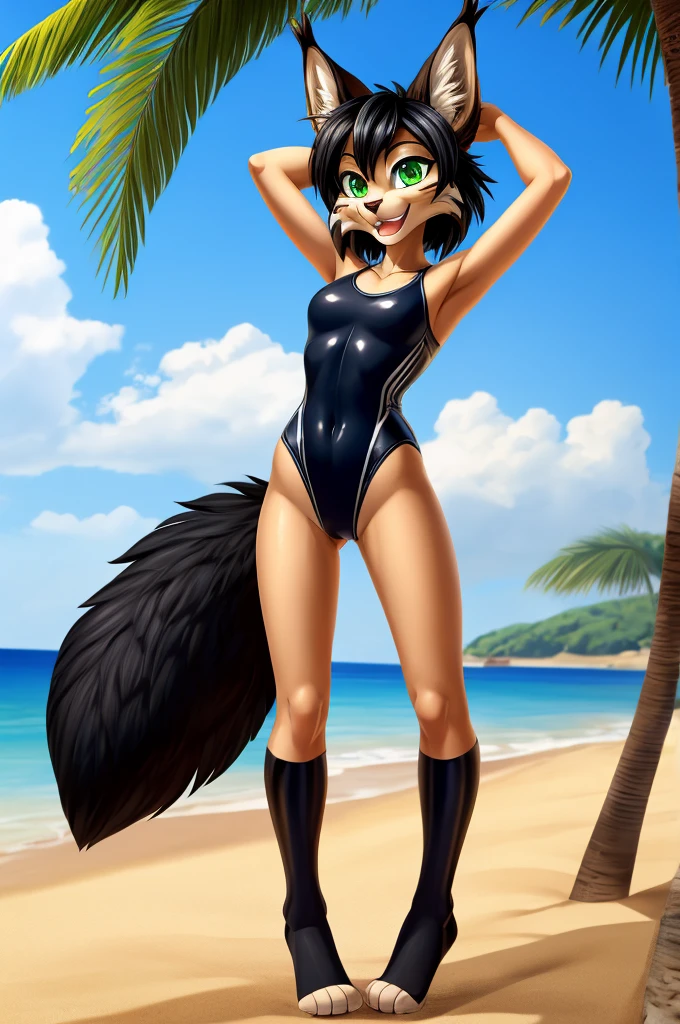 Lynx is a slim skinny cartoon girl in a tight lycra swimsuit on the beach with a happy face, green eyes,  black hair , black toes ,  big black feet ,  full-length striped fluffy tail 
