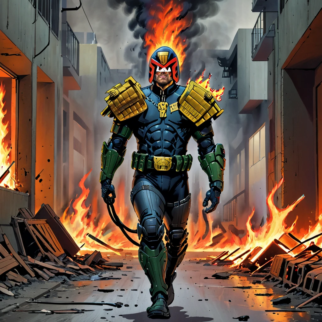 judge dredd running through a burning apartment complex in armor and uniform wearing a helmet, jdgdrddcom, cyberpunk, flames, fire, debris, smoke, sparks, embers, pipes, ducts, cables, filth, furniture, barricades,