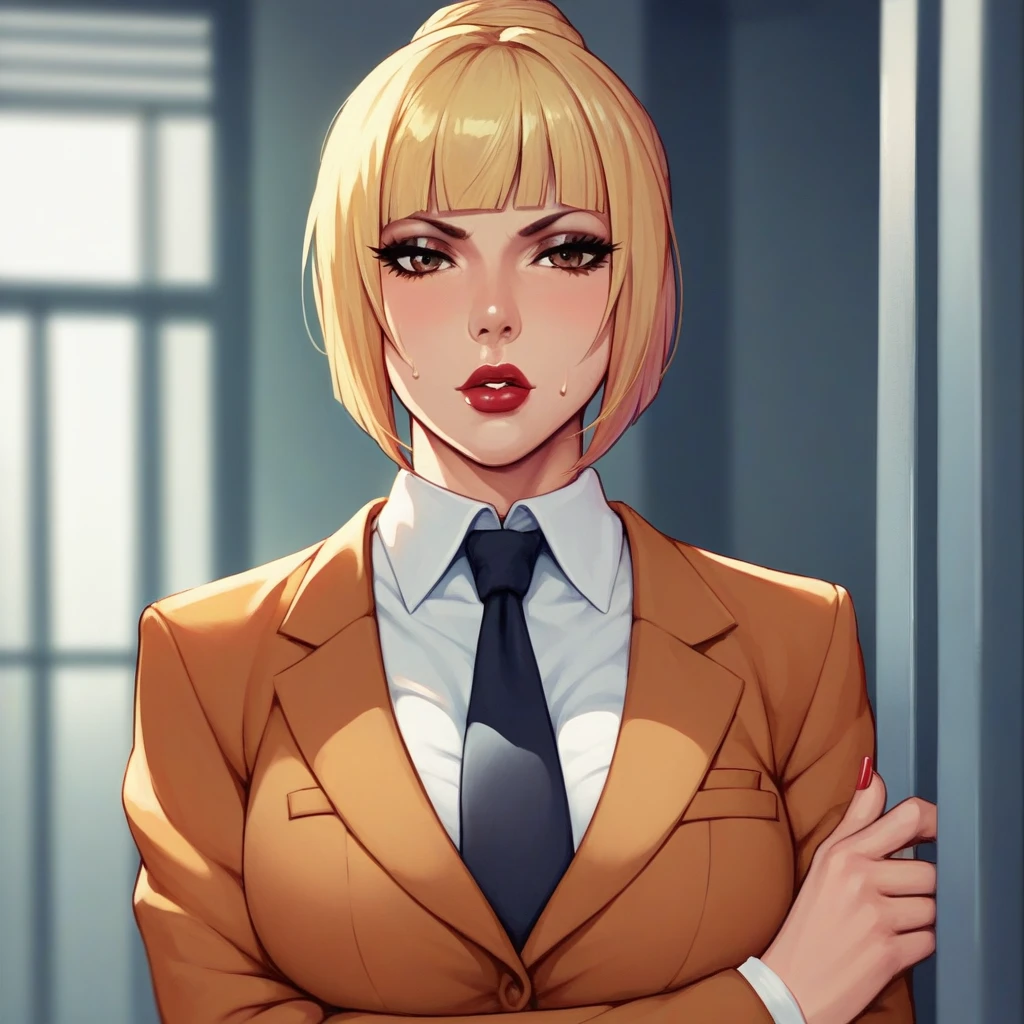 Flower Prison School, One girl, Alone, Blonde, uniform, Brown eyes, tie, Blunt bangs, compensate, lipstick, blazer, jacket, lips short hair, Sweaty, Under the arm Close up Under the arm, huge natural breast