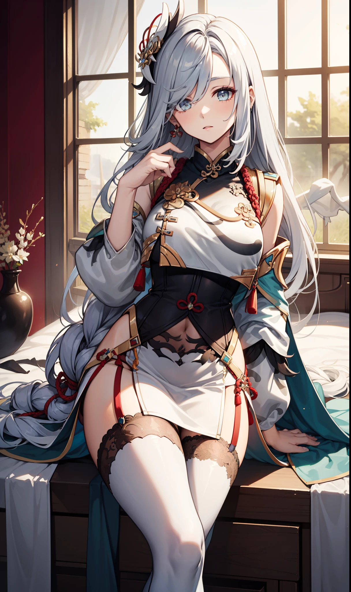 ((beautiful lighting, Best quality, 8K, Masterpiece: 1.3)), 1girl, Perfect body beauty, ((white hair)), (White+black dress: 1.4), (Indoor , night: 1.1), sexy pose (lie on the bed), Super Fine Face, Fine Eyes, naughty look