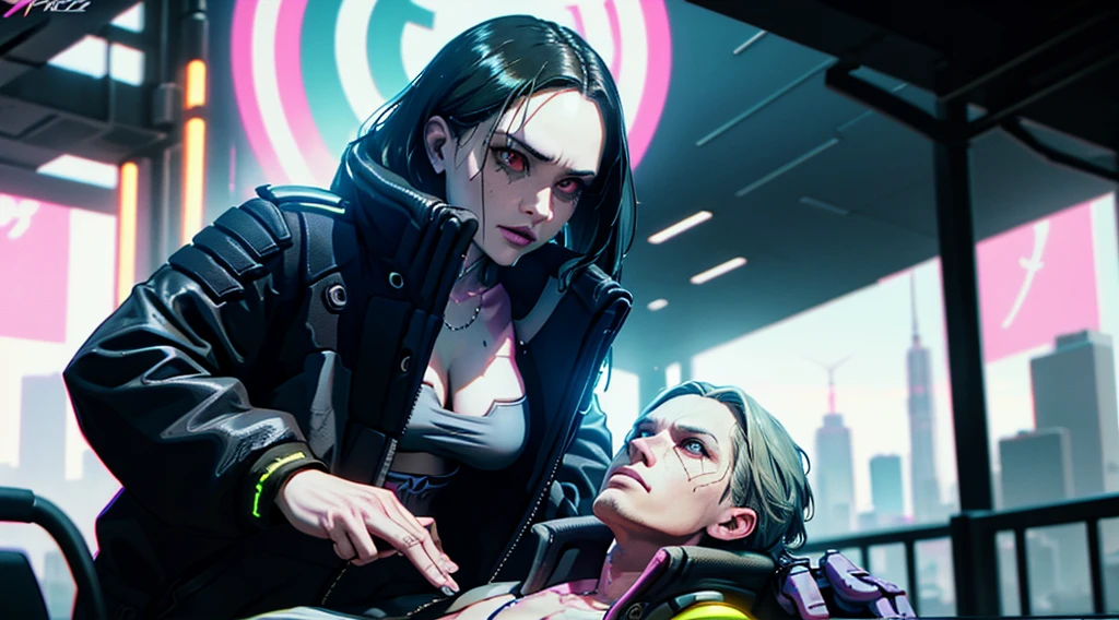 In the image, a ripperdoc woman must be fixing the guy's implant sitting down, preserve the characters' appearance, and add cyberpunk things around, cyberpunk style hyperrealistic, hyper-realistic, cyberpunk art 2077, cyberpunk art style, cyberpunk themed art, cyberpunk 2077, detailed faces, well-made hands, super detail, super colored, beautiful lighting, 4k, 8k, 32k, 3D, 4D