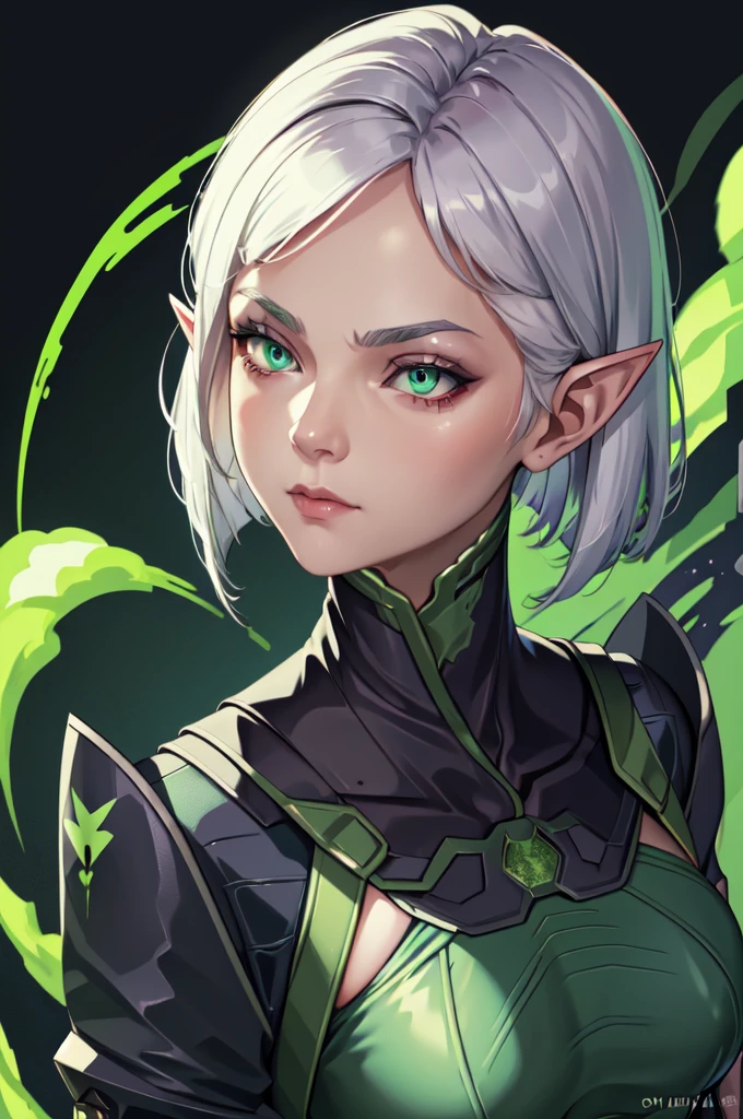 masterpiece, portrait, best quality, elf, white hair, valorantViper, bodysuit, respirator, looking at viewer, face, portrait, close-up, glowing eyes, green smoke, black background