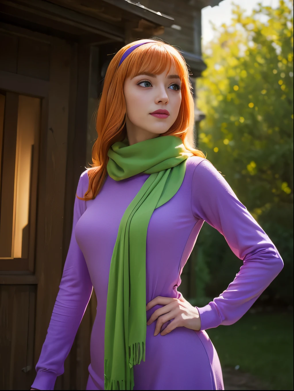 (masterpiece, best quality:1.4), (standing:1.5), (dynamic pose:1.4), (on a horror house with ghosts), daphneblake, (green) scarf, orange hair, purple dress, hairband, long sleeves,  (european youth  woman:1), looking at viewer, beautifull smile, beautiful face, highly detailed face, highly detailed eyes, subsurface scattering, realistic pupils, full face blush, full lips, detailed background, depth of field, volumetric lighting, sharp focus, absurdres, realistic proportions, (realistic, hyperrealistic:1.4), 16k hdr