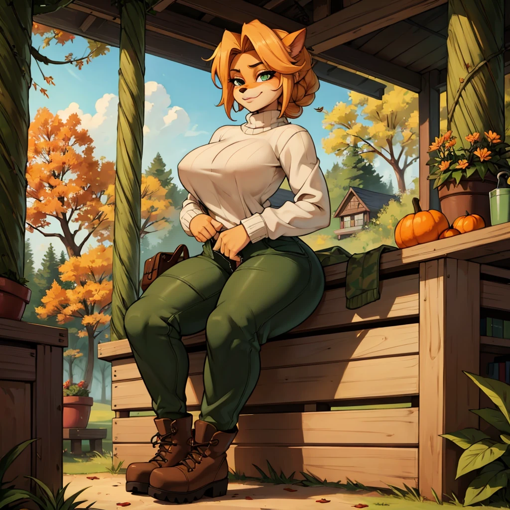  sancy, Futanari anthro bandicoot girl redhead,  braided hair, beautiful green eyes, sexy, , relaxing sexy moment, seductive, kiss,warm sweater, camouflage pants, army boots, , Cozy autumn atmosphere, , the forest, autumn , Girl in sweater, ,trousers, army boots, furry anthro bandicoot, seductive facial expression wide grin , hands to pants,Unzipped Pants, dynamic pose, 