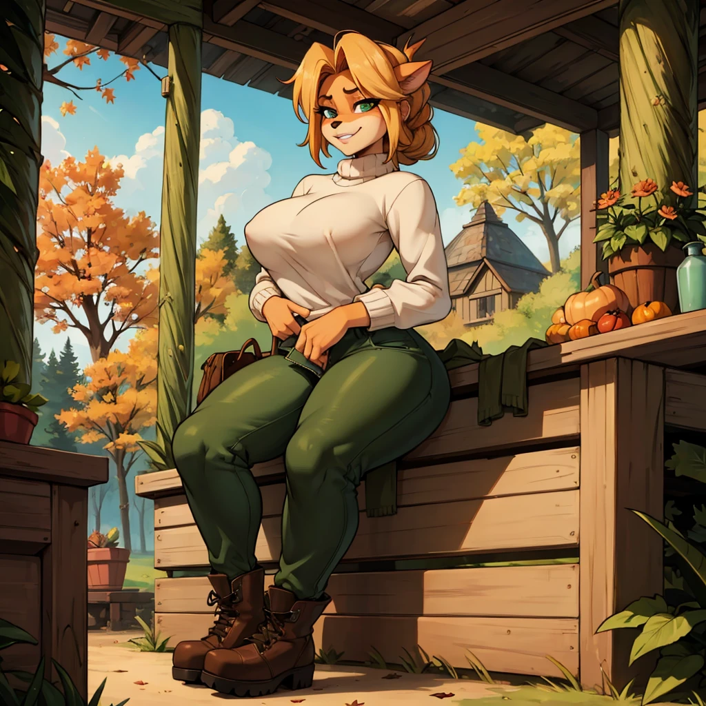  sancy, Futanari anthro bandicoot girl redhead,  braided hair, beautiful green eyes, sexy, , relaxing sexy moment, seductive, kiss,warm sweater, camouflage pants, army boots, , Cozy autumn atmosphere, , the forest, autumn , Girl in sweater, ,trousers, army boots, furry anthro bandicoot, seductive facial expression wide grin , hands to pants,Unzipped Pants, dynamic pose, 