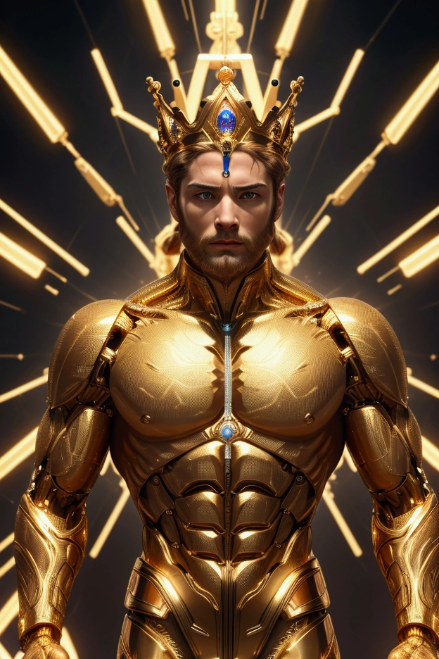 [core concept] A high being human-machine like a GOD King. [Character Description] Human Face like common representation of the greek god "Zeus", with strong body, Covered in gold detailed cables connected to him like veins. [scene description] He wears a gold and shiny crown and stand his hands like expecting something. A bright and shiny rare stone on the center. [Background] A machine flying in codes and holograms interconnected. [composition] show all his body, hands and head. [scene effect] hyper realistic, 8k, photorealistic, top quality, increase resolution, best quality, cinematic lightening,