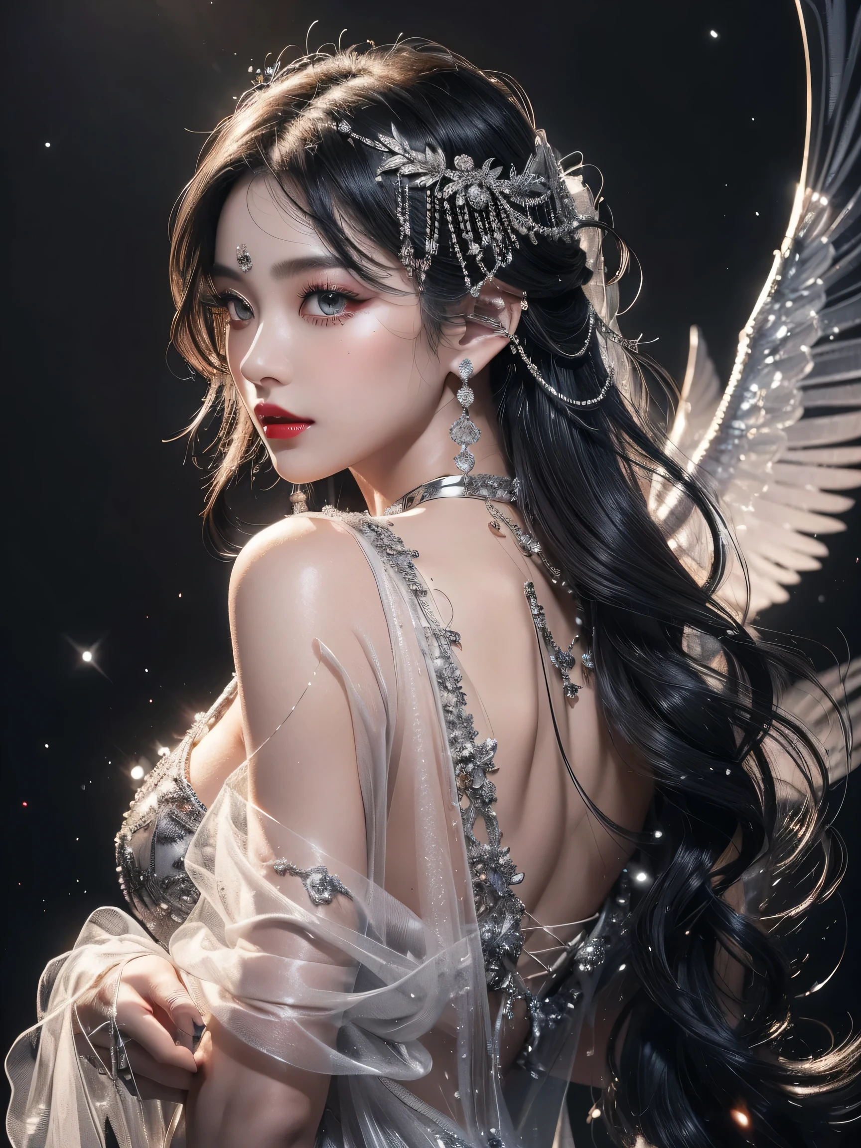 ((Best Quality)),( ultra high resolution),( very detailed),( detailed instructions),(( best CG )),(a masterpiece), Ultra Detailed Art 、 Tie up your hair 、See-Through 2.0、 costume、Red lipstick、 eyeshadow、 emphasizes the 、 Ethereal Atmosphere 、Put your right hand on your 。(silver and black gradient background)、 shot 、