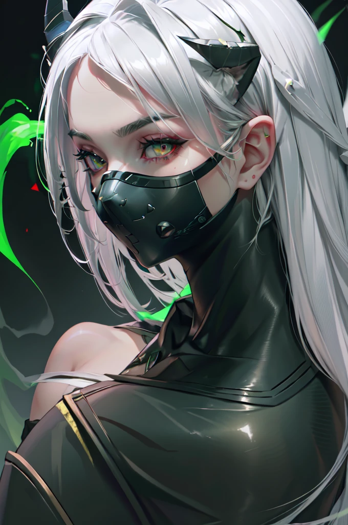 masterpiece, best quality, white hair, pointy ears, white horns, valorantViper, bloody red leather and metal bodysuit, thigh boots, respirator, mask, looking at viewer, face, portrait, close-up, glowing eyes, green smoke, black background