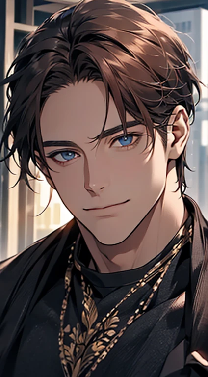 (best quality,4k,8k,highres,masterpiece:1.2),ultra-detailed,(realistic,photorealistic,photo-realistic:1.37),1 man,31 years old,mature man,very handsome,without expression,smile,short grey red hair,blue eyes,penetrating gaze,perfect face without errors,imposing posture,businessman,office background,cinematic lighting,hdr image