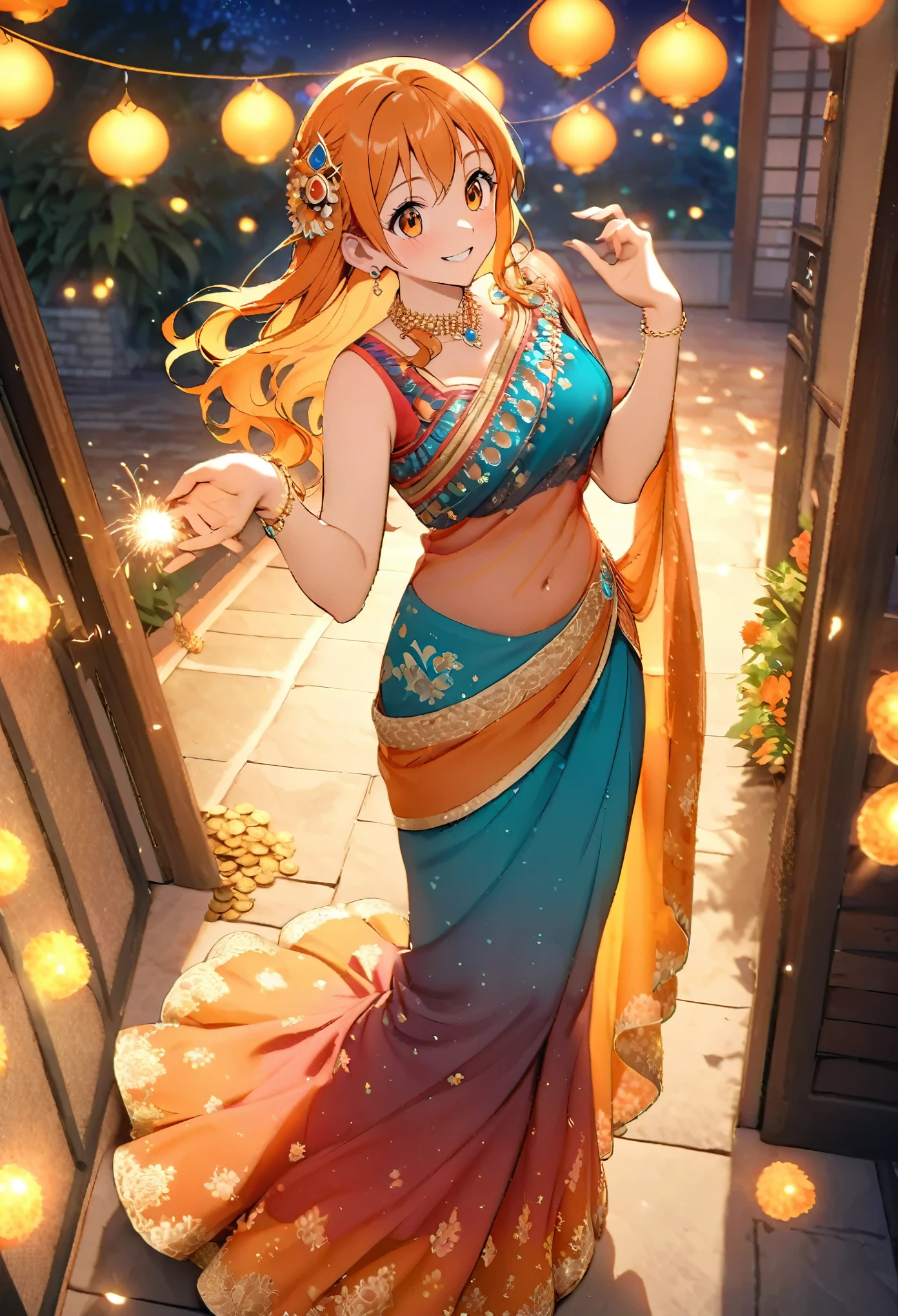 Nami celebrating Diwali, dressed in a stunning, modern saree with orange and blue hues that echo her classic outfit colors. She stands in an open courtyard, surrounded by glowing diyas and colorful rangoli patterns, a joyful sparkler in one hand, lighting up her face with a warm, festive glow. Her hair catches the gentle breeze as fireworks burst above, casting vibrant colors over the night sky. Coins and small treasures glint around her feet, symbolizing her love for treasure, while the sparkler lights up her happy, adventurous spirit in the heart of Diwali celebrations.