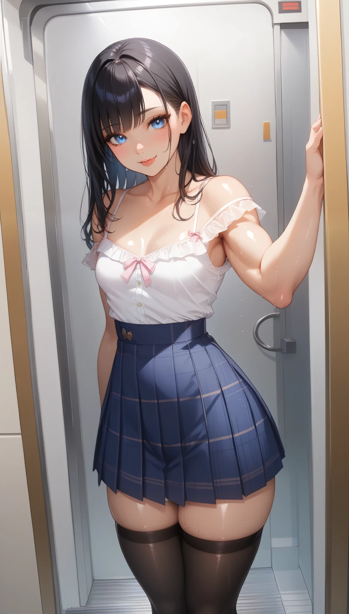 Expressiveh, sensual girl, cold stare, sexy, small breasts,score_9, score_8_up, score_7_up, black hair, short, straight bangs, bob style, , blue eyes, hot demon girl, source_anime, haughty, muscled thighs, strap blouse, pleated schoolgirl skirt, plaid socks, lowering panties, in the elevator, legs slightly open, front view, tight clothes, 80swa, shiny skin, wet, perfect face, beautiful girl, beautiful face, cute girl face, naughty smile with tongue out, with a seductive look, pink lightings, sexy tight black stockings, ass, huge ass, perfect rounded ass, dark skin