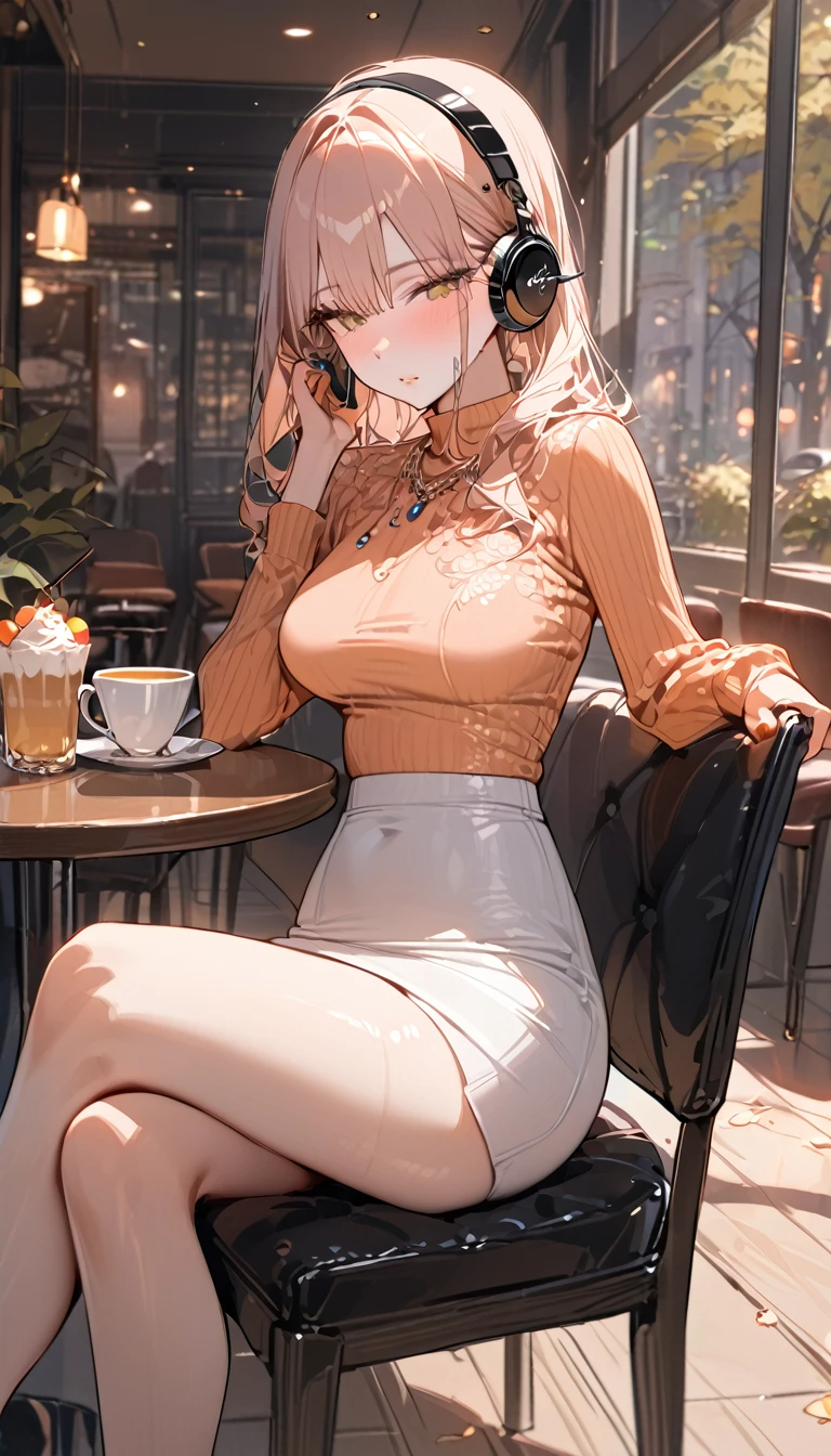 ((Top Quality)), ((Masterpiece)), ((Details)), perfect face, perfect body, fallen leaves background, sitting in a cafe, listening to music, sitting with legs apart, wearing tight clothes, wear a tight skirt, dating, Woman with face visible, glamorous, peach clothe