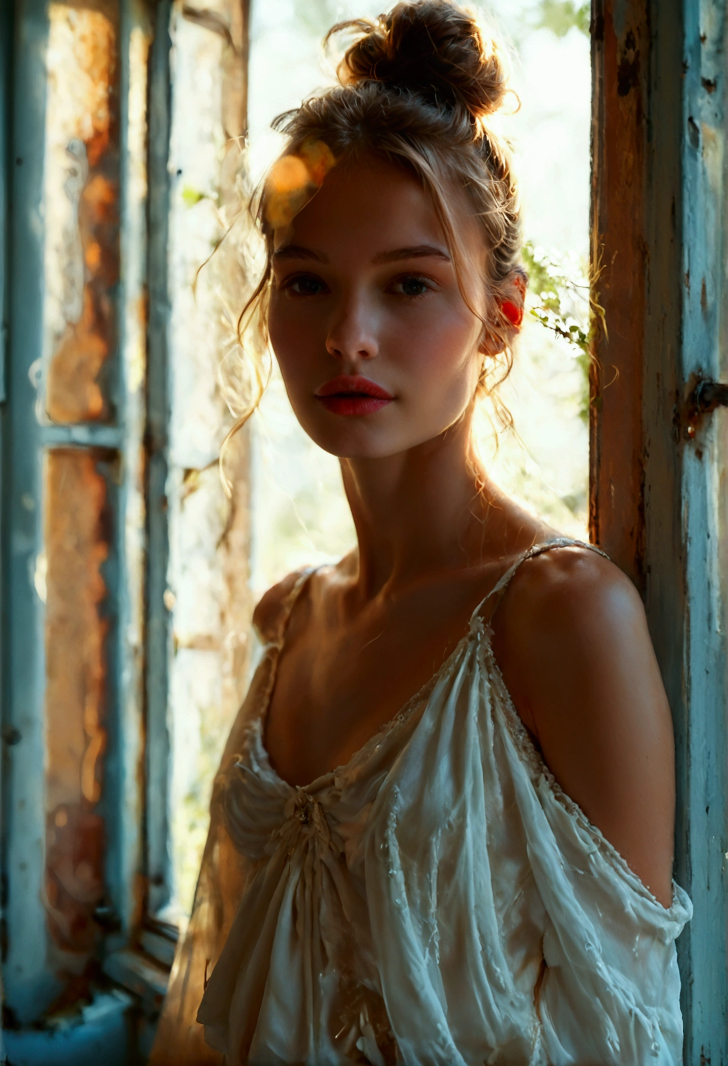 High quality photo of a charming model, film, photograph of a woman god in a dynamic and Dutch perspective, the image is a photograph of a very young beautiful woman standing at the entrance between the living room and the summer terrace, leaning her back against the window, a very beautiful face, European, a face with full lips, beautiful light from the street and shadows from the living room combine on the girl's body, she is in a relaxed pose, a comfortable pose, the young woman has a slender, petite build and fair skin. Her hair is gathered into a neat high bun. She is wearing a loose white top, thin skinny thighs like a teenager, slender skinny legs of a fashion model, very beautiful, happy face, parted lips, very cute face, cinematic, essence of the wind, LUT, smoked foreground, blurred background, soft natural light, warm lighting, volumetric lighting, gradient, luxurious, art filter, long exposure, detailed beautiful color, dreamlike, high contrast, subtle shadows, complex shading, chromatic aberration, iridescent, Ultra-real HDR enhancement, depth of field, bokeh, break score_9, score_8_up, score_7_up, masterpiece, official art, amazing quality, best quality, high quality, ultra high resolution, very aesthetic, absurd, very detailed, extremely detailed, intricate details, beautiful texture, sharp details, sharp edges, 8K wallpaper, 32K, UHD,