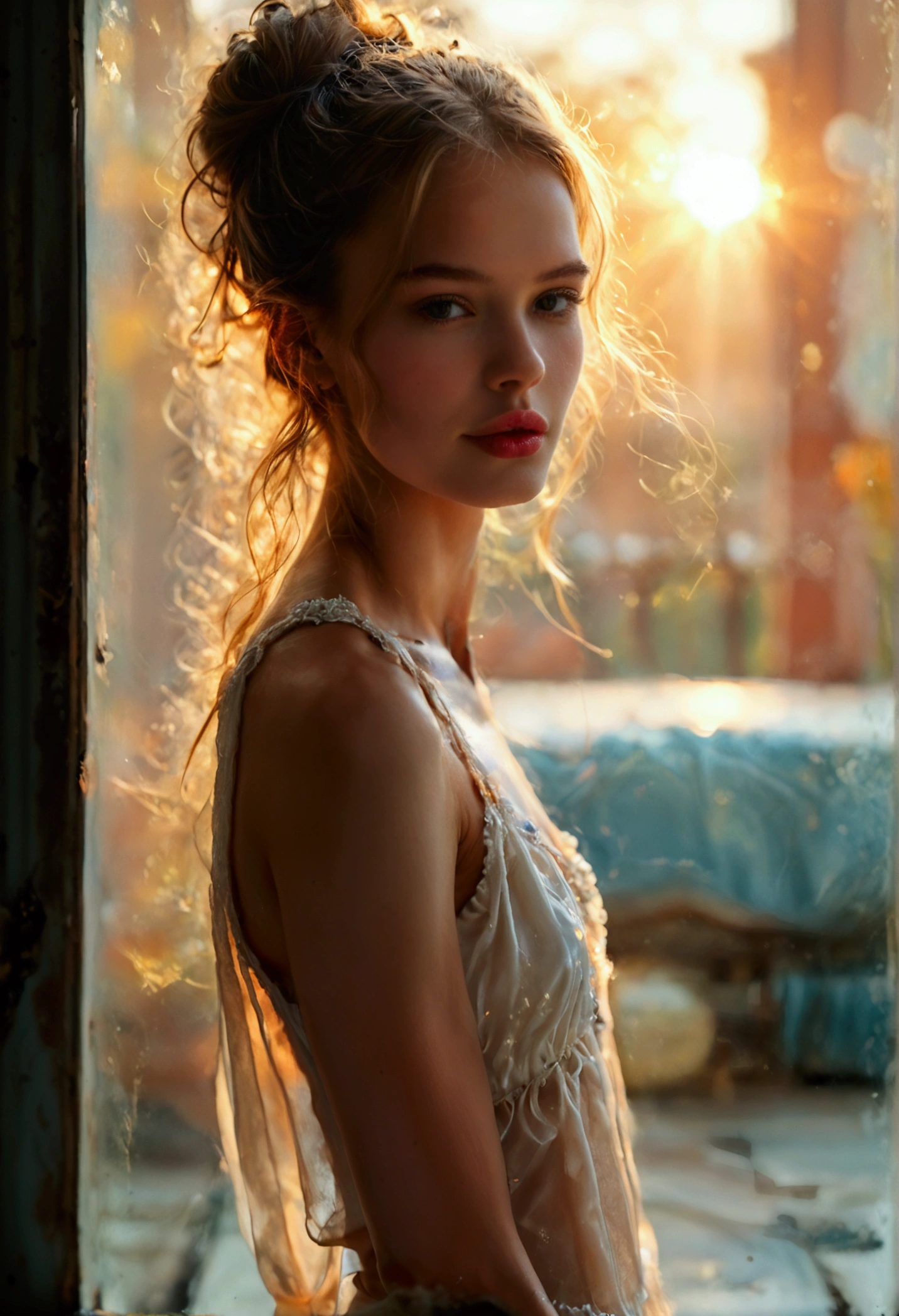 High quality photo of a charming model, film, photograph of a woman god in a dynamic and Dutch perspective, the image is a photograph of a very young beautiful woman standing at the entrance between the living room and the summer terrace, leaning her back against the window, a very beautiful face, European, a face with full lips, beautiful light from the street and shadows from the living room combine on the girl's body, she is in a relaxed pose, a comfortable pose, the young woman has a slender, petite build and fair skin. Her hair is gathered into a neat high bun. She is wearing a loose white top, thin skinny thighs like a teenager, slender skinny legs of a fashion model, very beautiful, happy face, parted lips, very cute face, cinematic, essence of the wind, LUT, smoked foreground, blurred background, soft natural light, warm lighting, volumetric lighting, gradient, luxurious, art filter, long exposure, detailed beautiful color, dreamlike, high contrast, subtle shadows, complex shading, chromatic aberration, iridescent, Ultra-real HDR enhancement, depth of field, bokeh, break score_9, score_8_up, score_7_up, masterpiece, official art, amazing quality, best quality, high quality, ultra high resolution, very aesthetic, absurd, very detailed, extremely detailed, intricate details, beautiful texture, sharp details, sharp edges, 8K wallpaper, 32K, UHD,