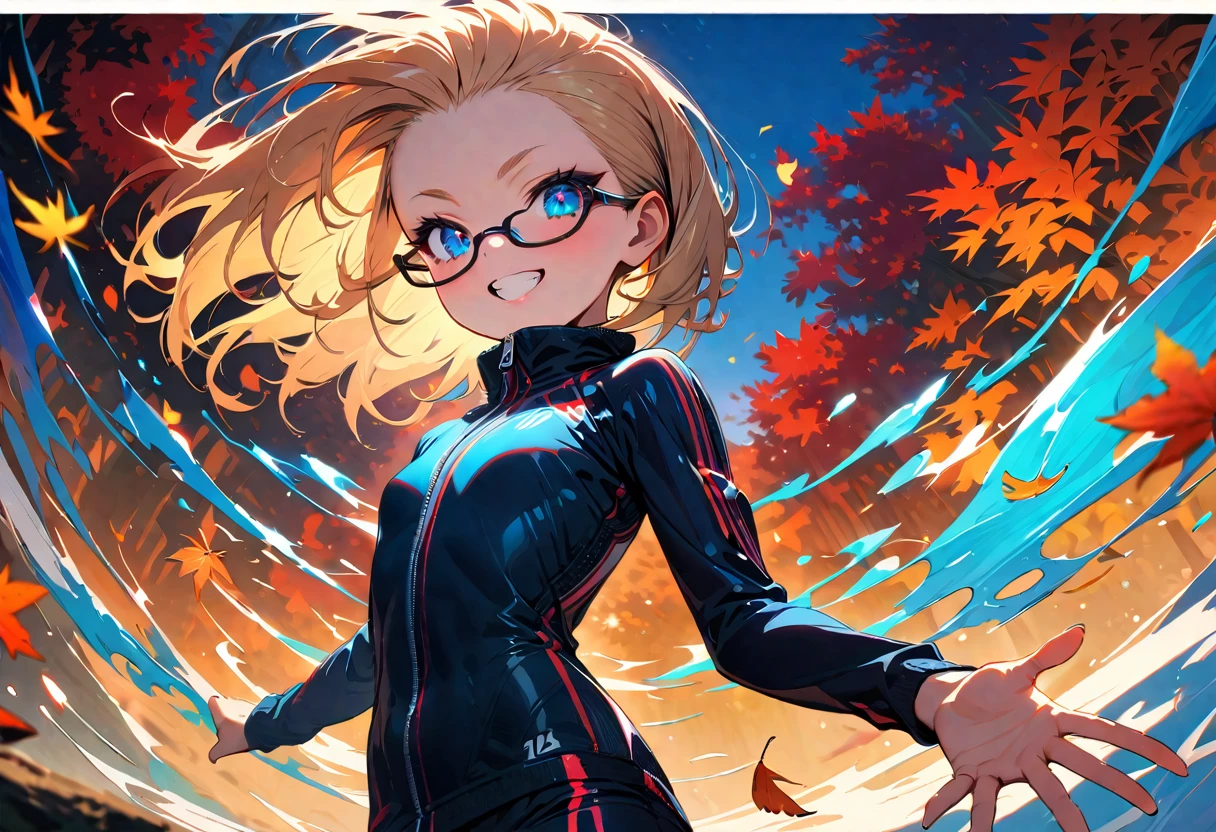 Speedy Shot,(Top quality masterpiece),detailed,ultra detailed,hyper detailed,insanely detailed,Exquisite,Beautiful Full HD,16k,cute,Fantasy,A vibrant academic community,Soft line design,Soft　Surface,Simple line drawing,The best light,Fast Shutter Speed,  depth of border described,Highly saturated colors,Vibrant colors,Vibrant colors,BREAK,
10yo,skinny,flat chested,(forehead,hair slicked back:1.3),Beautiful blonde hair,(blue eyes),(black nodoka glasses),thick bluish eyeshadow, thin eyebrows, thick black eyeliner, Highlighted eyes with eyeliner, false eyelashes,BREAK, 
Grin, zippered sportswear, Open Hands  , Falling leaves fluttering,   upper body、  Autumn Leaves Park Background