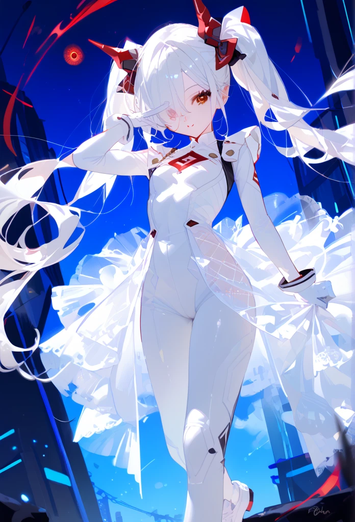 anachirox, twintails, very long hair, white hair, hair over one eye, red eye 、white bodysuit, see-through skirt, white gloves, white footwear、ringed eyes、 