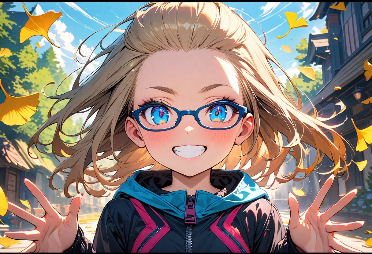 Speedy Shot,(Top quality masterpiece),detailed,ultra detailed,hyper detailed,insanely detailed,Exquisite,Beautiful Full HD,16k,cute,Fantasy,A vibrant academic community,Soft line design,Soft　Surface,Simple line drawing,The best light,Fast Shutter Speed,  depth of border described,Highly saturated colors,Vibrant colors,Vibrant colors,BREAK,
10yo,skinny,flat chested,(forehead,hair slicked back:1.3),Beautiful blonde hair,(blue eyes),(black nodoka glasses),thick bluish eyeshadow, thin eyebrows, thick black eyeliner, Highlighted eyes with eyeliner, false eyelashes,BREAK, 
Grin, zippered sportswear, Open Hands  , Falling leaves fluttering,   upper body、  Autumn Leaves Park Background