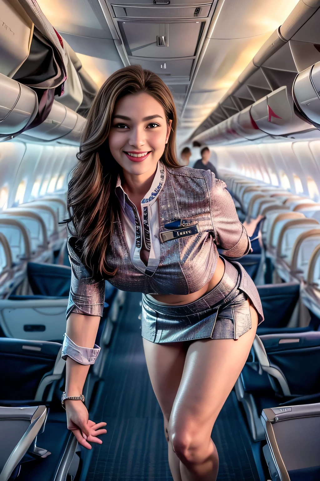 1beautiful womanl, 28years、hyperdetailed face、Detailed lips、A detailed eye、double eyelid、(Smiling while walking gracefully down the aisle)、(Stewardess uniform:1.2)、((mini skirt:1.5)) (Glamorous body)、(Colossal )、（large full breasts）（big butts）（Plump body）（plump body shape）（ large full breasts）（Colossal ）((J-Cup))、highs thighs thighs thighs, Perfect fit, Perfect image realism, Background with: (Business Class aisle on airplanes:1.2), Cowboy Shot, Meticulous background, detailed costume, Perfect litthing、Hyper-Realism、(Photorealsitic:1.4)、8K maximum resolution, (​masterpiece), ighly detailed, Professional