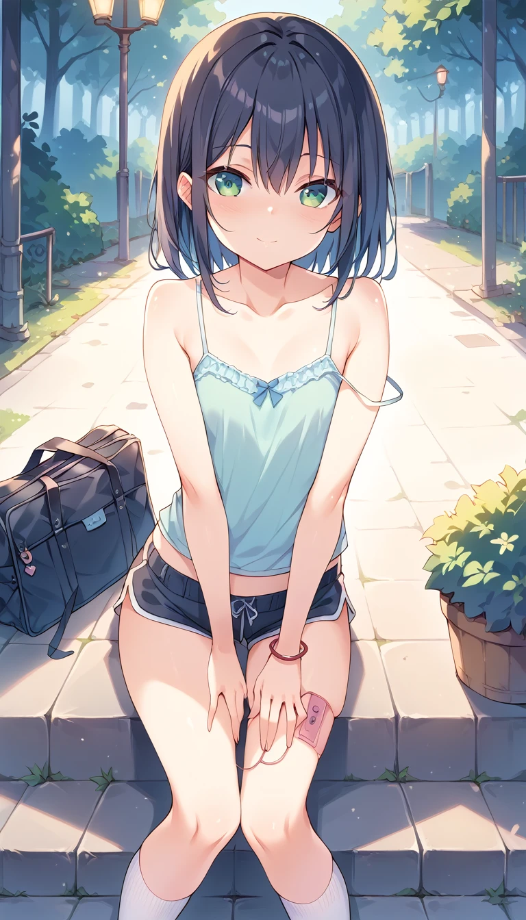 masterpiece, Best Quality,  absurd, 
 one girl playing pranks, ,, , ,, camisole,,  shorts,socks,  viewers watching  ,,Voice of the Heart,,( smaller), flat chest,thigh, outdoor ,Green,Viewer discretion advised,socks,school bag